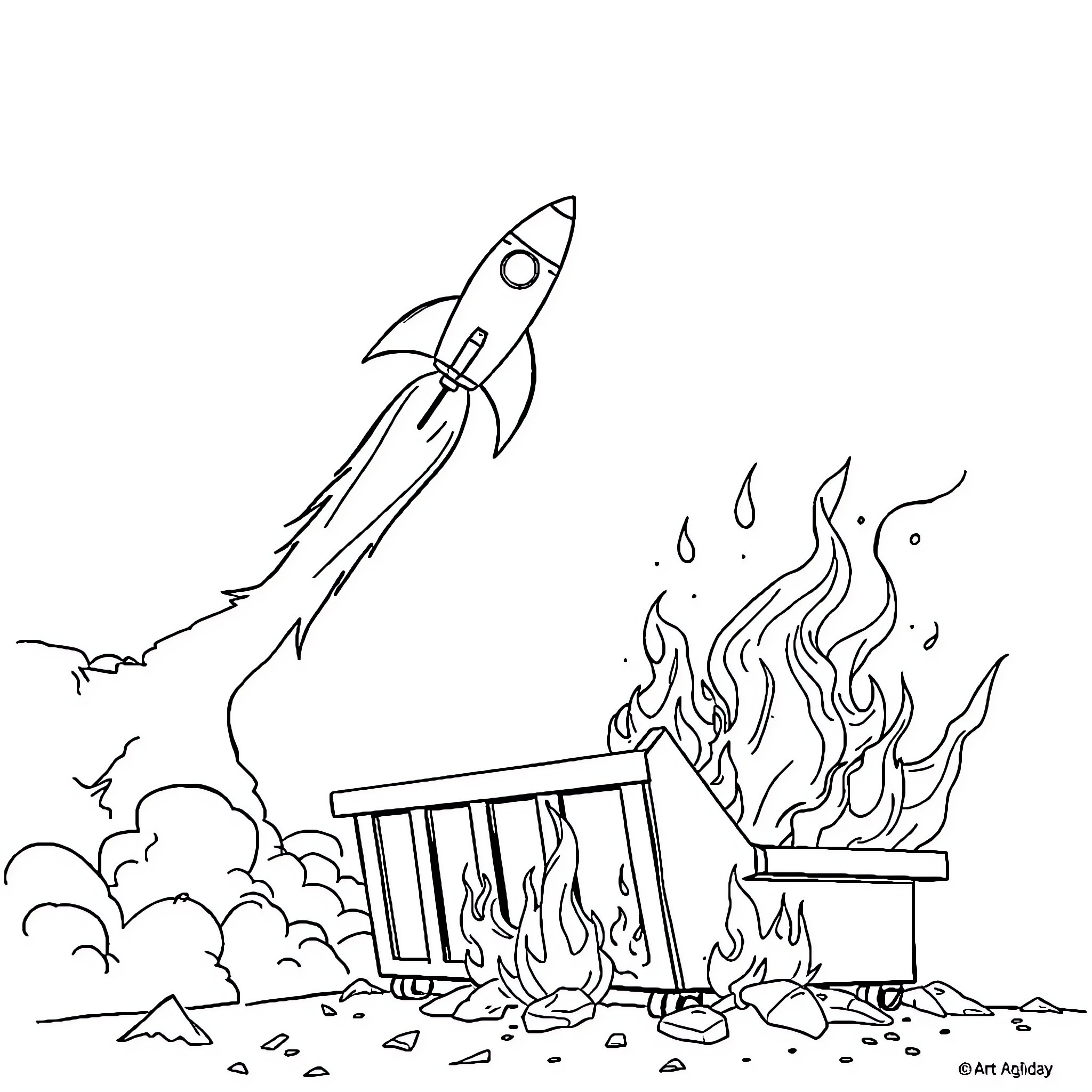 Rocket blasting off from fiery launch site Coloring Page (free black-and-white line drawing printable PDF for all, from beginners to advanced learners, including children, teens, adults, and seniors)