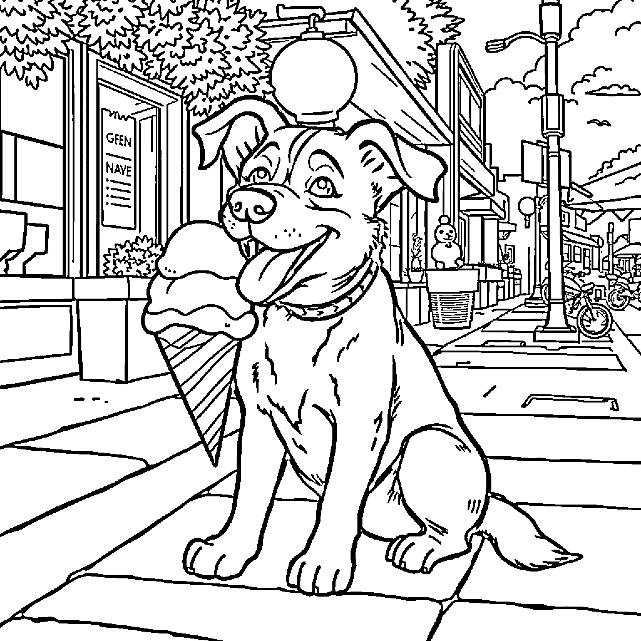 Dog enjoying a day out in the city Coloring Page (free black-and-white line drawing printable PDF for all, from beginners to advanced learners, including children, teens, adults, and seniors)