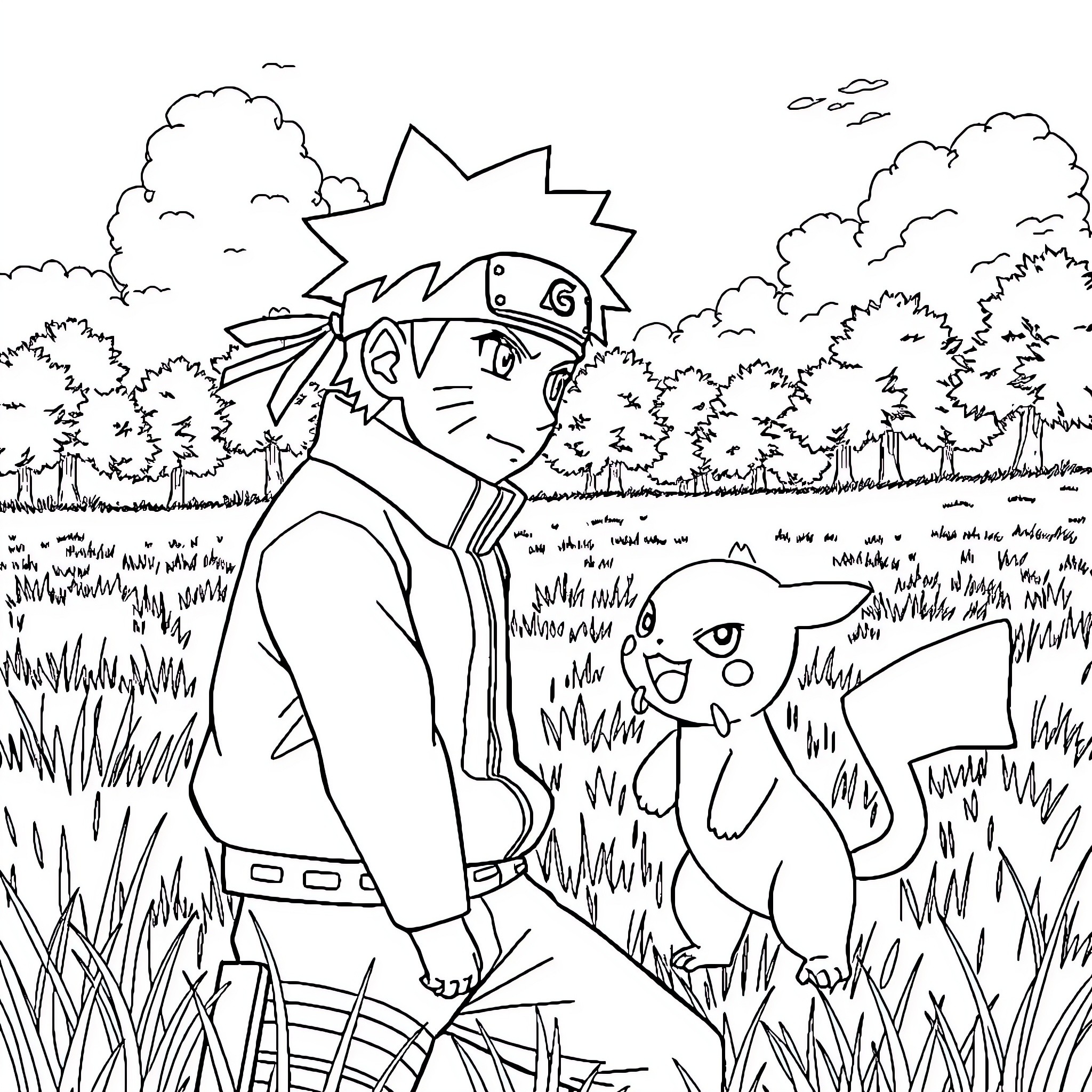 Naruto and Pikachu exploring the forest together Coloring Page (free black-and-white line drawing printable PDF for all, from beginners to advanced learners, including children, teens, adults, and seniors)