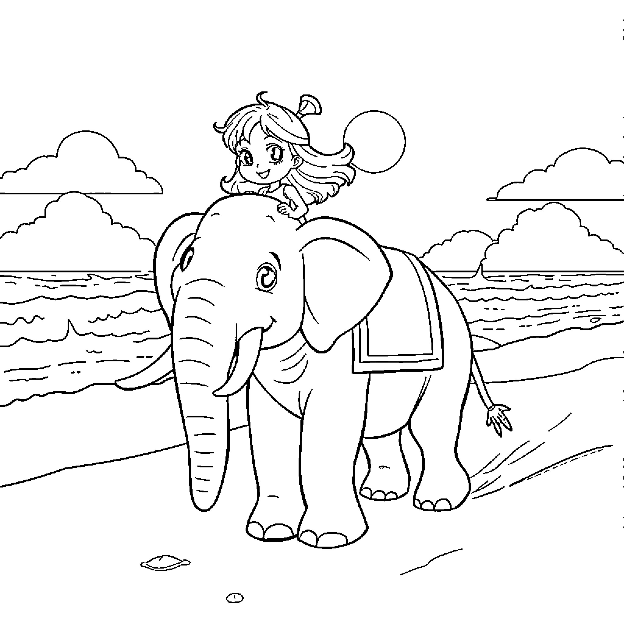 Gabby riding a friendly elephant on the beach Coloring Page (free black-and-white line drawing printable PDF for all, from beginners to advanced learners, including children, teens, adults, and seniors)
