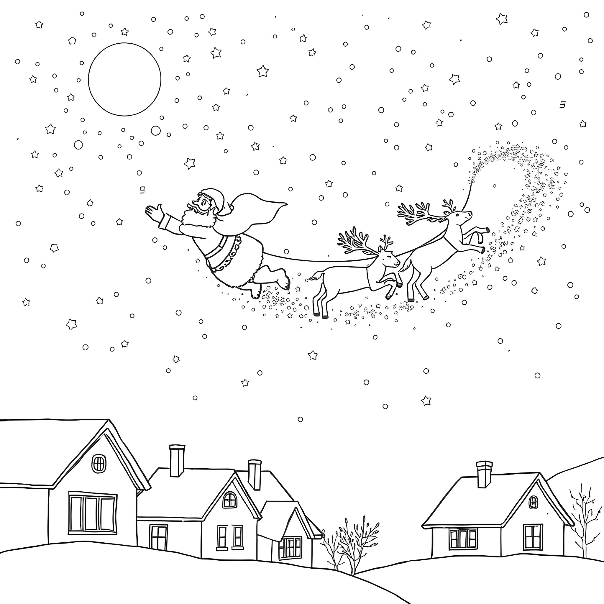 Santa Claus riding reindeer in snowy night sky Coloring Page (free black-and-white line drawing printable PDF for all, from beginners to advanced learners, including children, teens, adults, and seniors)