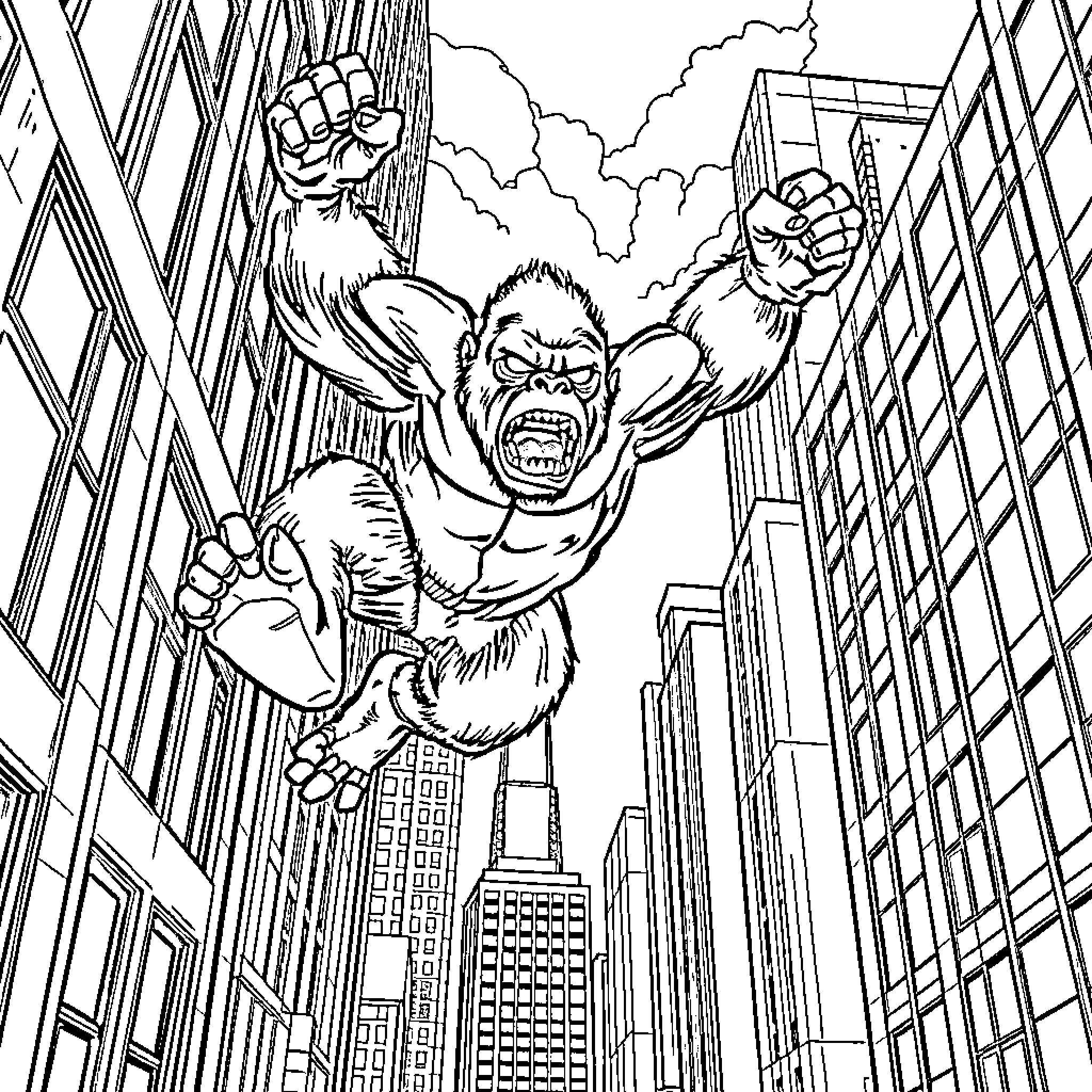 King Kong rampaging through the city skyline Coloring Page (free black-and-white line drawing printable PDF for all, from beginners to advanced learners, including children, teens, adults, and seniors)