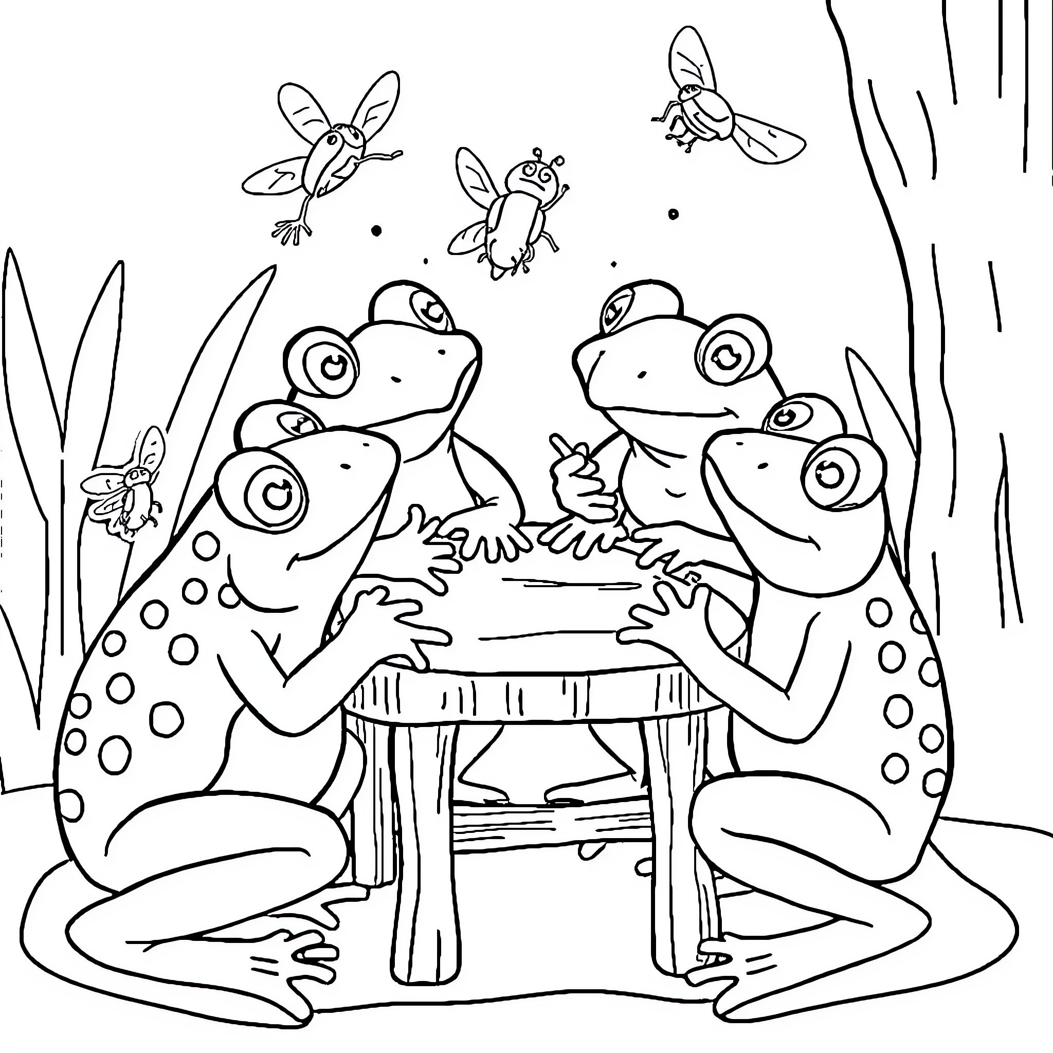 Frog friends enjoying a playful gathering Coloring Page (free black-and-white line drawing printable PDF for all, from beginners to advanced learners, including children, teens, adults, and seniors)