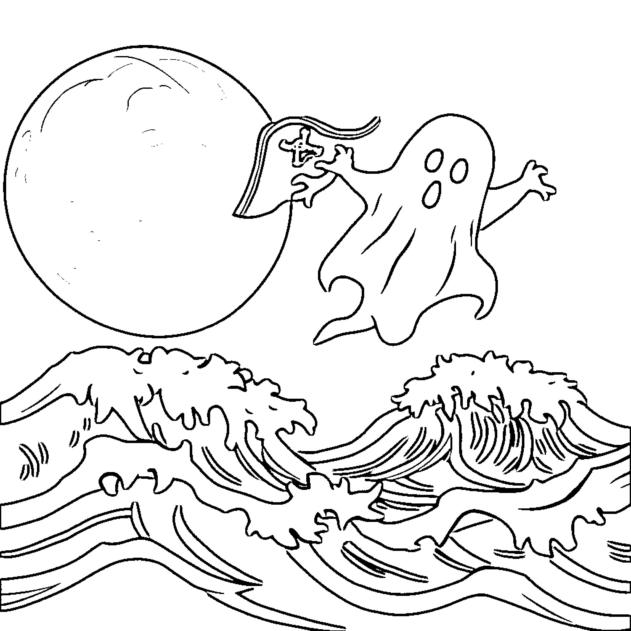 Pirate Ghost Haunting the Stormy Sea Coloring Page (free black-and-white line drawing printable PDF for all, from beginners to advanced learners, including children, teens, adults, and seniors)