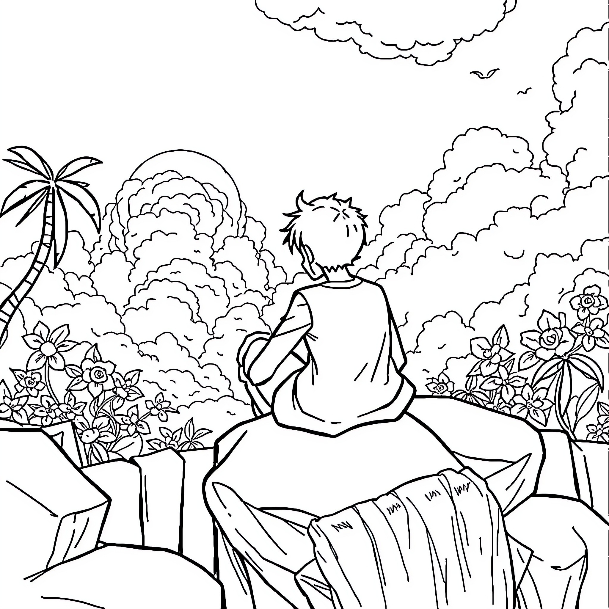 Luffy enjoying the serene scenery amidst clouds and nature Coloring Page (free black-and-white line drawing printable PDF for all, from beginners to advanced learners, including children, teens, adults, and seniors)
