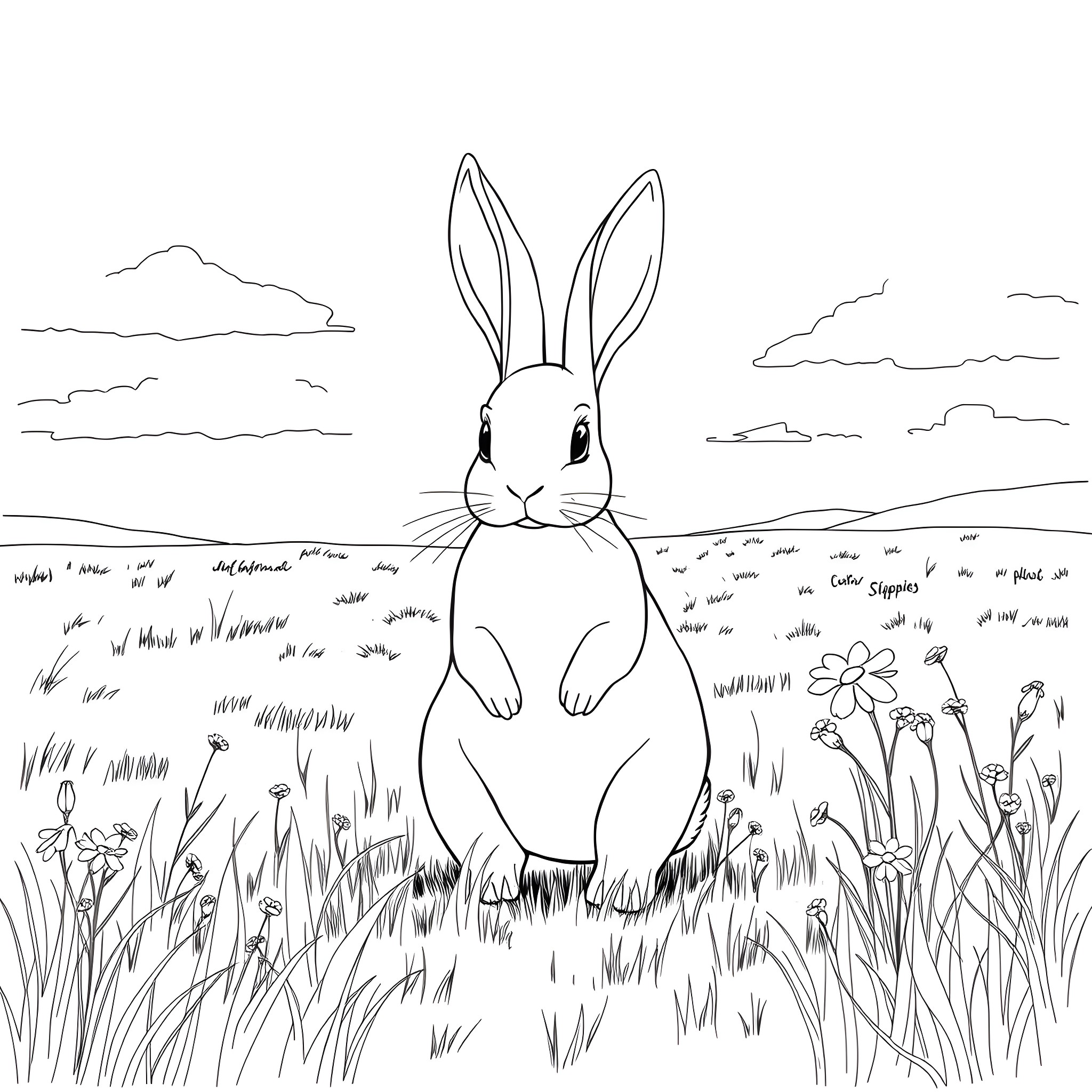 Rabbit sitting calmly in a serene meadow Coloring Page (free black-and-white line drawing printable PDF for all, from beginners to advanced learners, including children, teens, adults, and seniors)