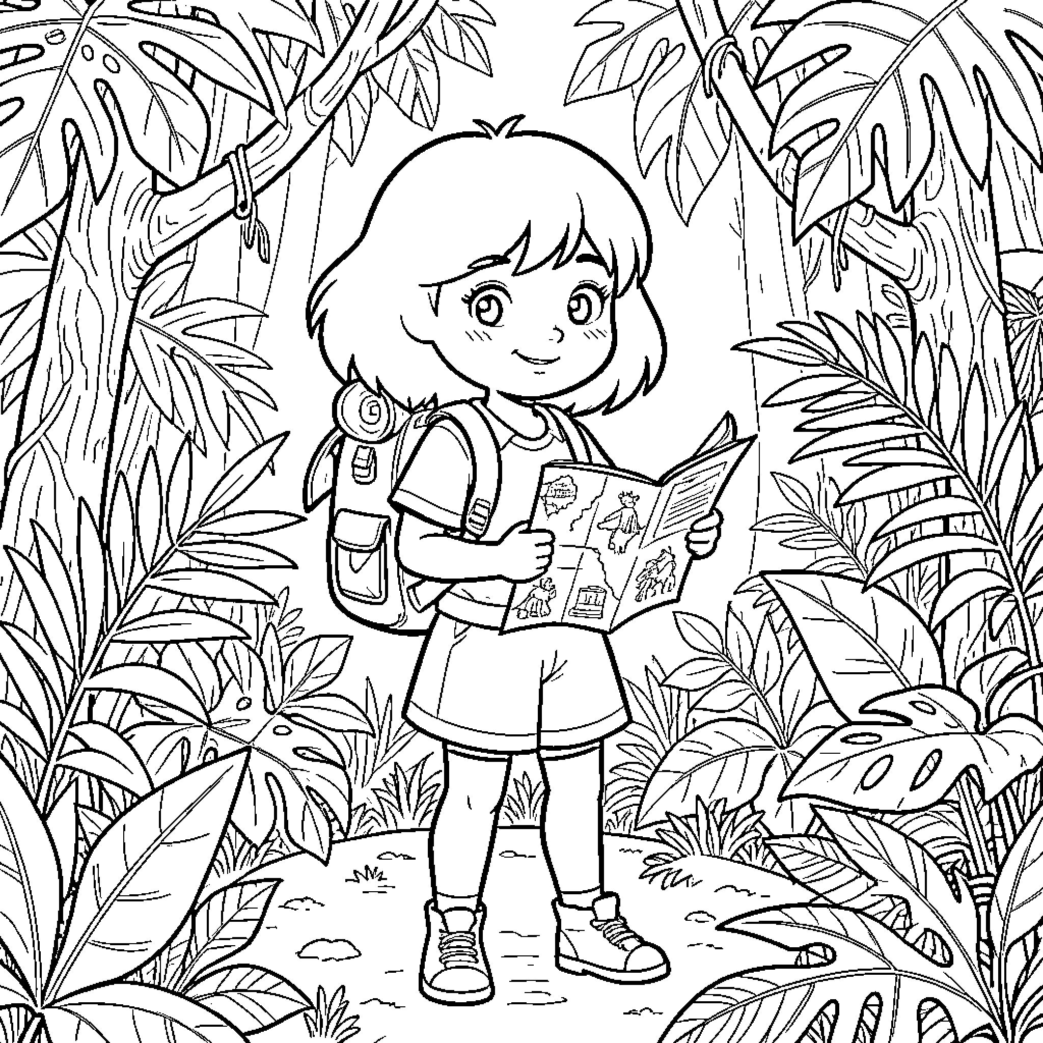 Dora exploring a jungle while reading a map Coloring Page (free black-and-white line drawing printable PDF for all, from beginners to advanced learners, including children, teens, adults, and seniors)