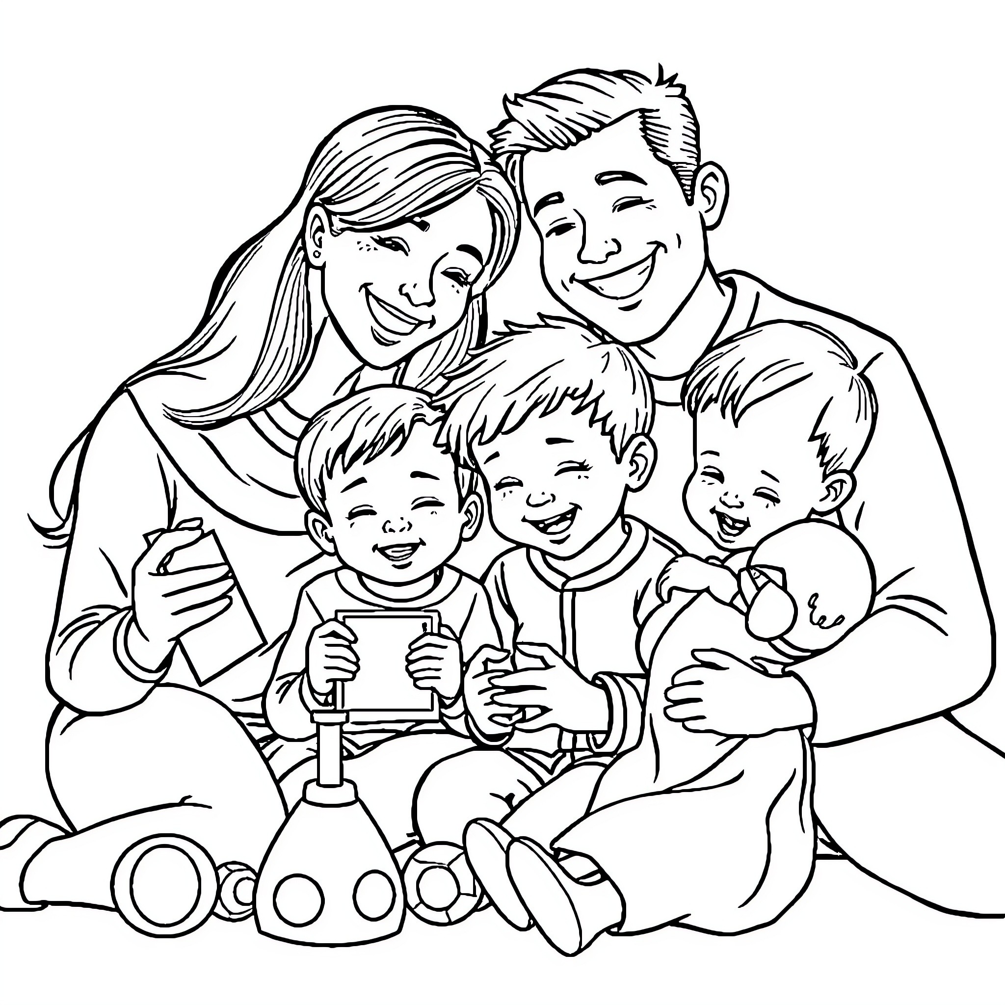 Family enjoying quality time together Coloring Page (free black-and-white line drawing printable PDF for all, from beginners to advanced learners, including children, teens, adults, and seniors)