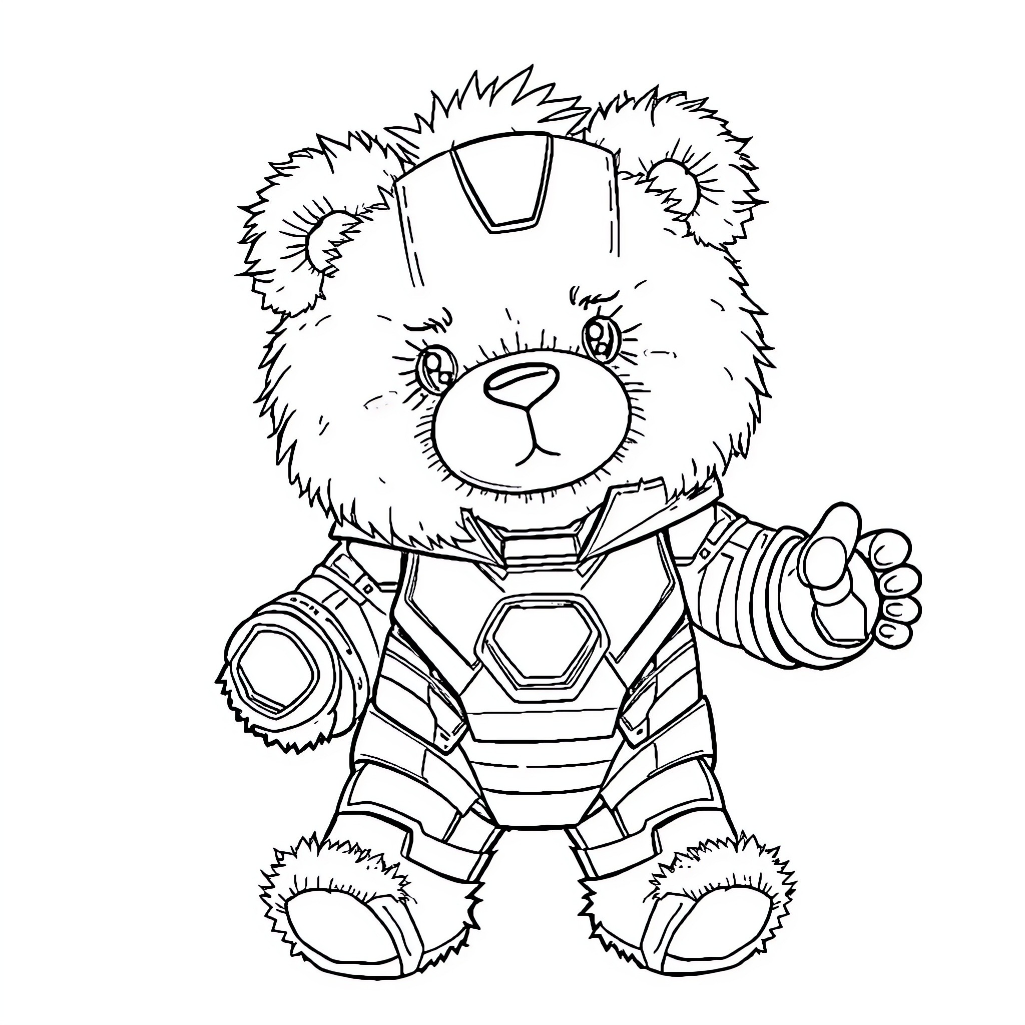 Teddy Bear Dressed as Iron Man Coloring Page (free black-and-white line drawing printable PDF for all, from beginners to advanced learners, including children, teens, adults, and seniors)