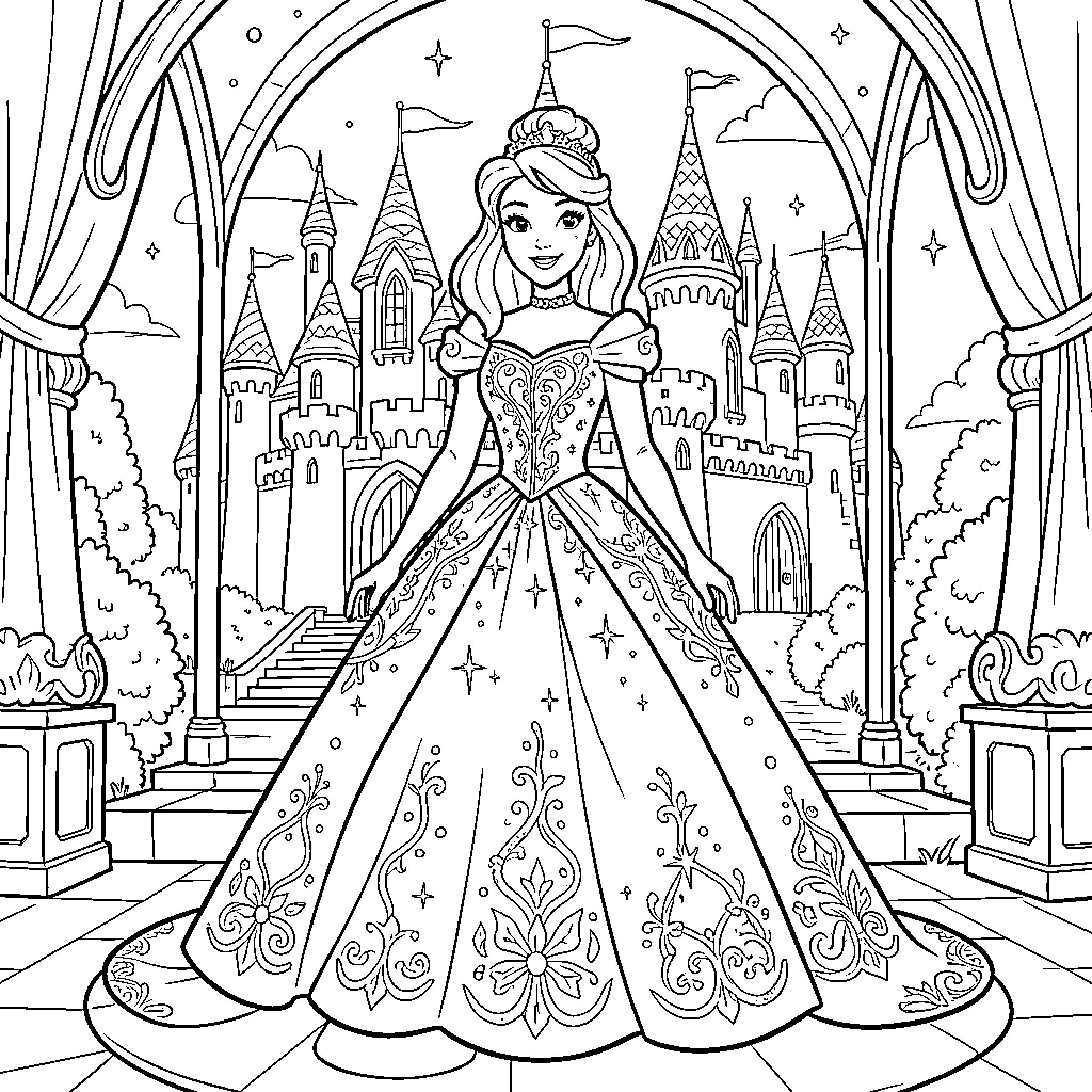 Disney Princess posing gracefully in front of a castle Coloring Page (free black-and-white line drawing printable PDF for all, from beginners to advanced learners, including children, teens, adults, and seniors)