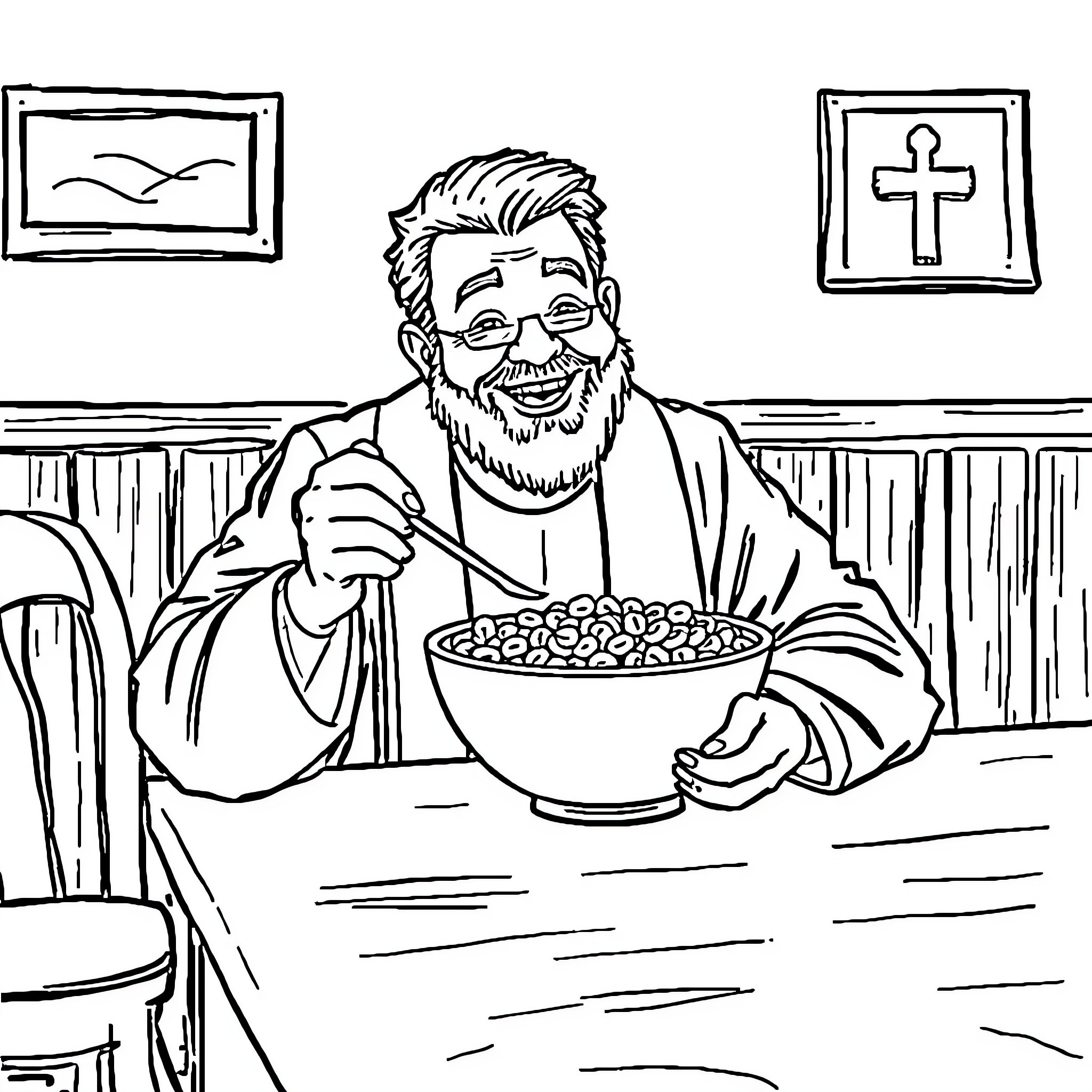 Preacher sharing a meal and spreading the word Coloring Page (free black-and-white line drawing printable PDF for all, from beginners to advanced learners, including children, teens, adults, and seniors)