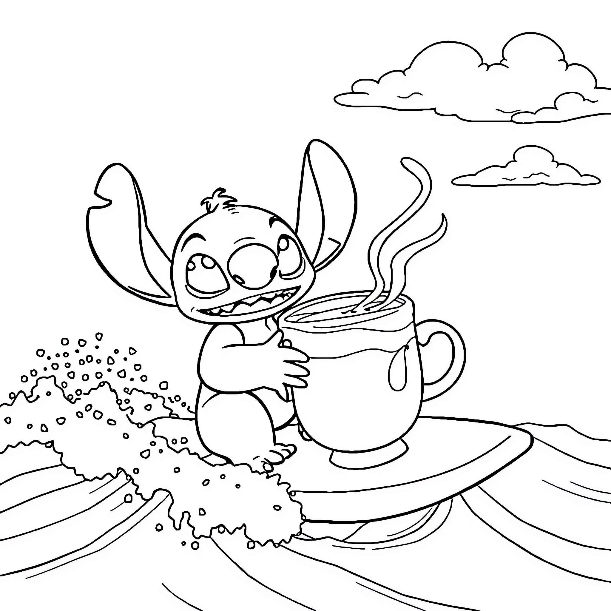 Lilo Stitch enjoying a hot beverage outdoors Coloring Page (free black-and-white line drawing printable PDF for all, from beginners to advanced learners, including children, teens, adults, and seniors)