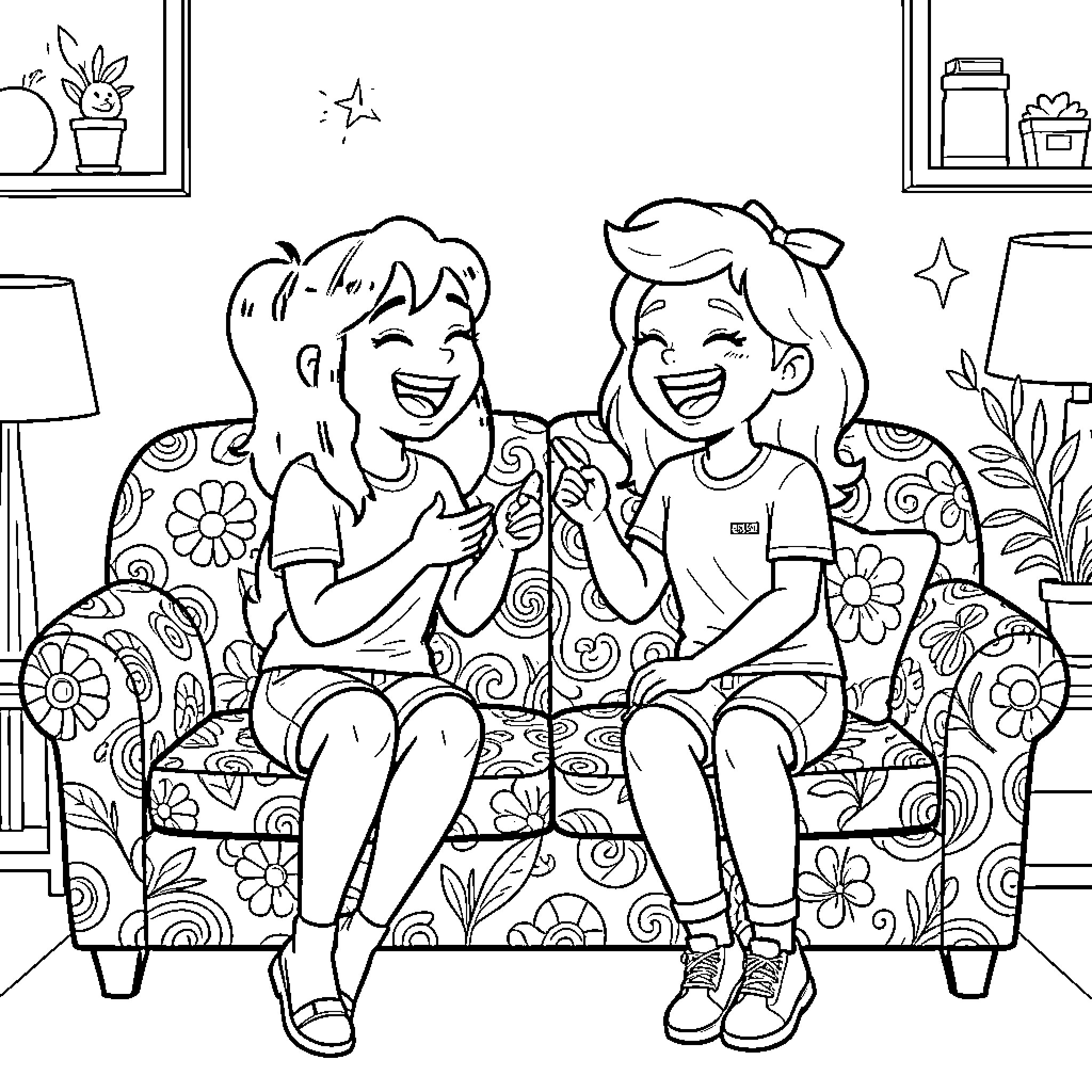 Sam and Cat Laughing Together on a Floral Couch Coloring Page (free black-and-white line drawing printable PDF for all, from beginners to advanced learners, including children, teens, adults, and seniors)