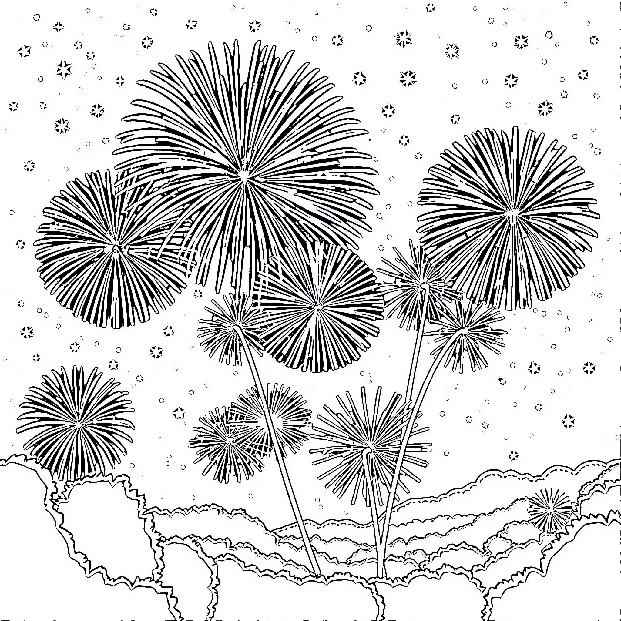July Fireworks Celebration in the Sky Coloring Page (free black-and-white line drawing printable PDF for all, from beginners to advanced learners, including children, teens, adults, and seniors)