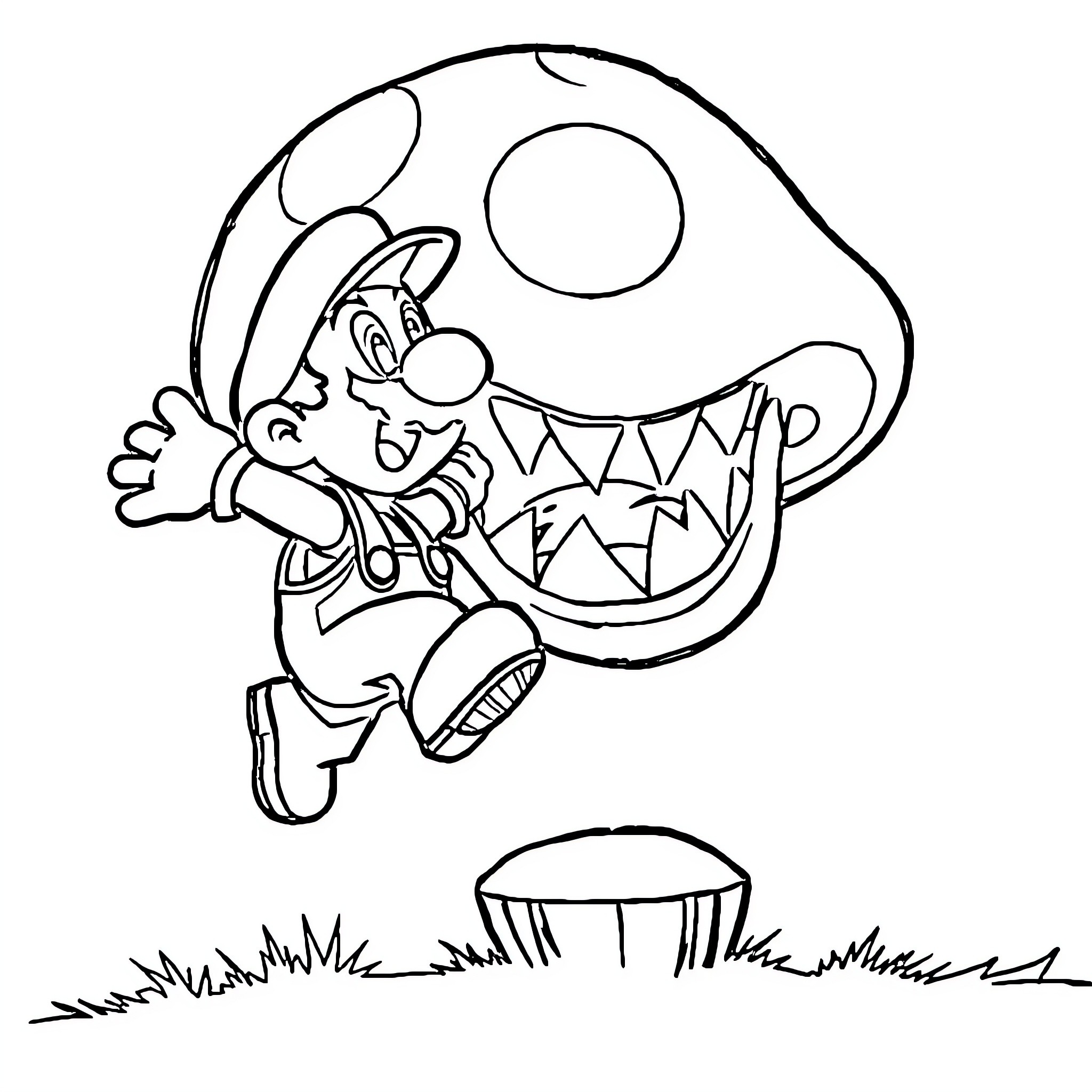Mario jumping in a whimsical scene Coloring Page (free black-and-white line drawing printable PDF for all, from beginners to advanced learners, including children, teens, adults, and seniors)