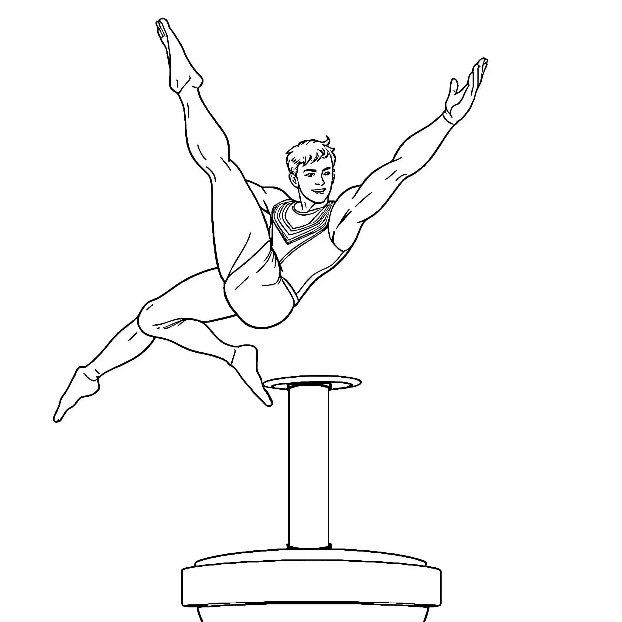 Gymnast performing acrobatic move on equipment Coloring Page (free black-and-white line drawing printable PDF for all, from beginners to advanced learners, including children, teens, adults, and seniors)