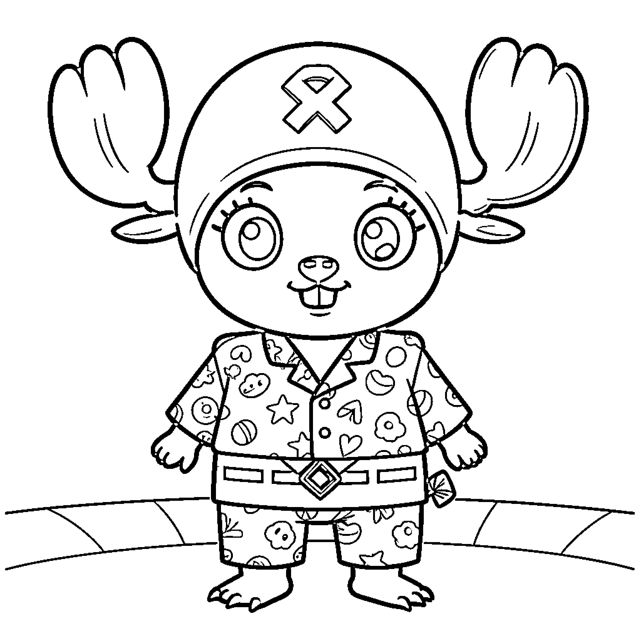 Tony Tony Chopper in adorable medical uniform Coloring Page (free black-and-white line drawing printable PDF for all, from beginners to advanced learners, including children, teens, adults, and seniors)