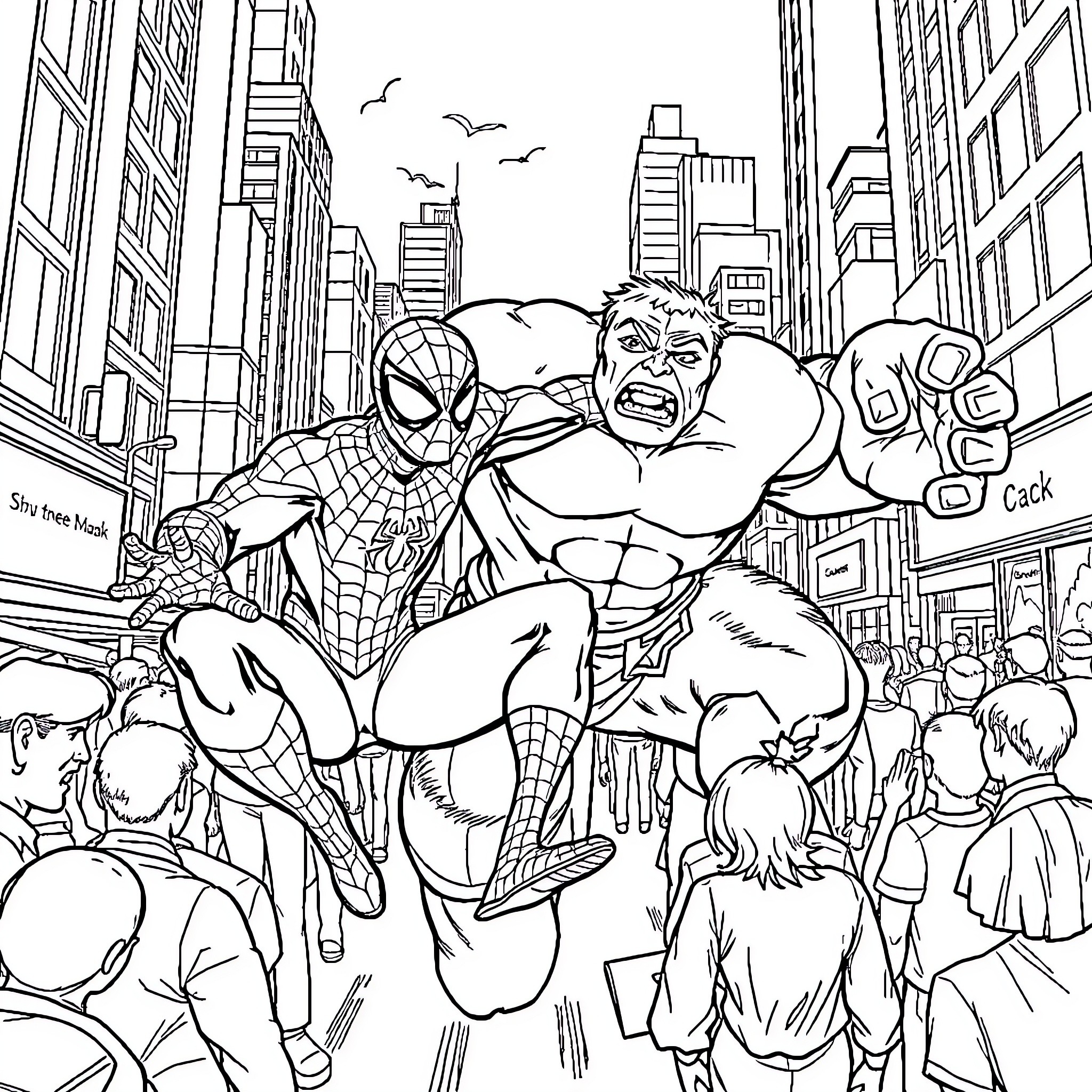 Spider-Man fighting the Hulk in a city scene Coloring Page (free black-and-white line drawing printable PDF for all, from beginners to advanced learners, including children, teens, adults, and seniors)