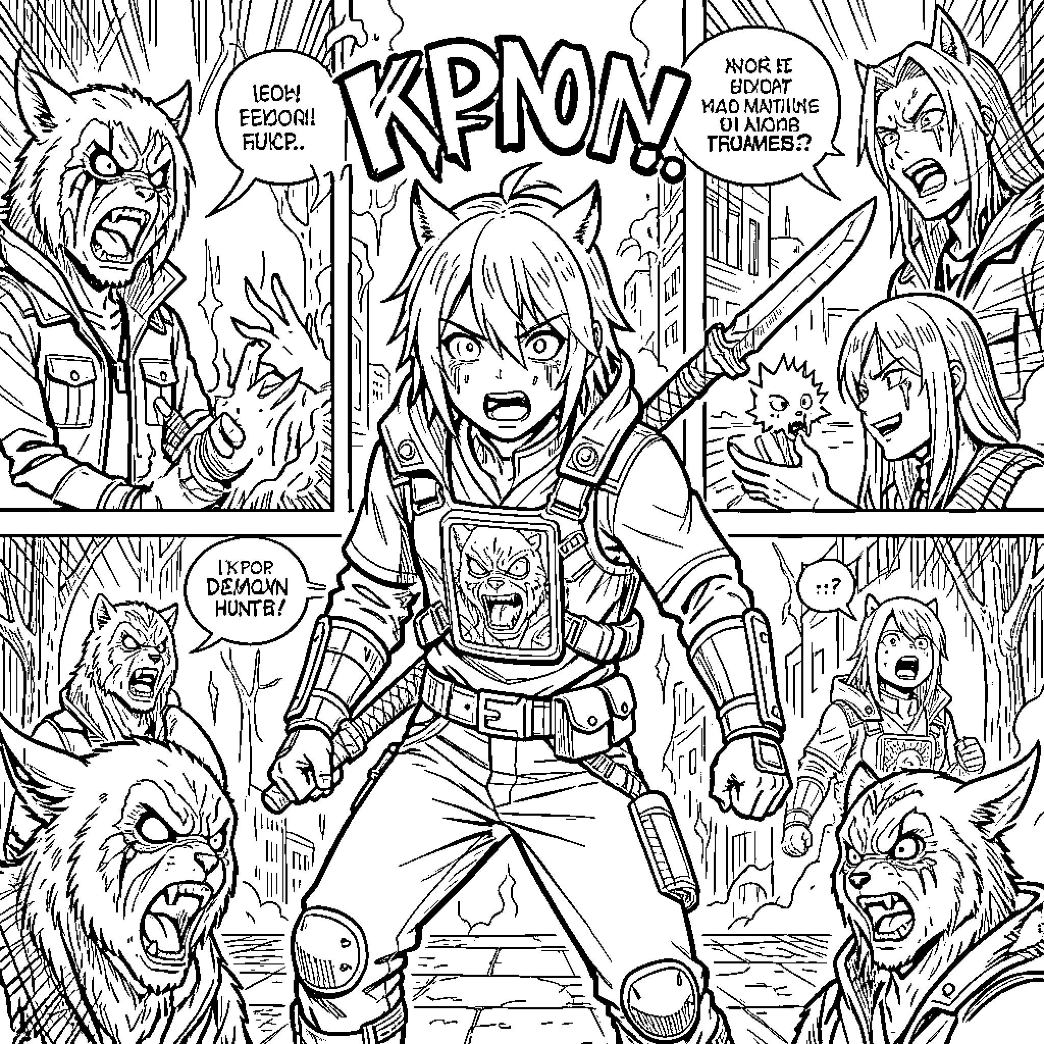 Demon hunter facing intense confrontation in manga style Coloring Page (free black-and-white line drawing printable PDF for all, from beginners to advanced learners, including children, teens, adults, and seniors)