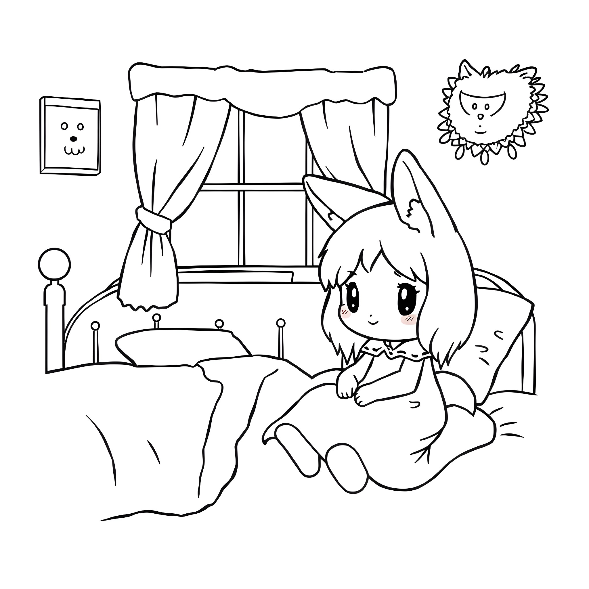 My Melody: Girl resting in cozy bedroom Coloring Page (free black-and-white line drawing printable PDF for all, from beginners to advanced learners, including children, teens, adults, and seniors)