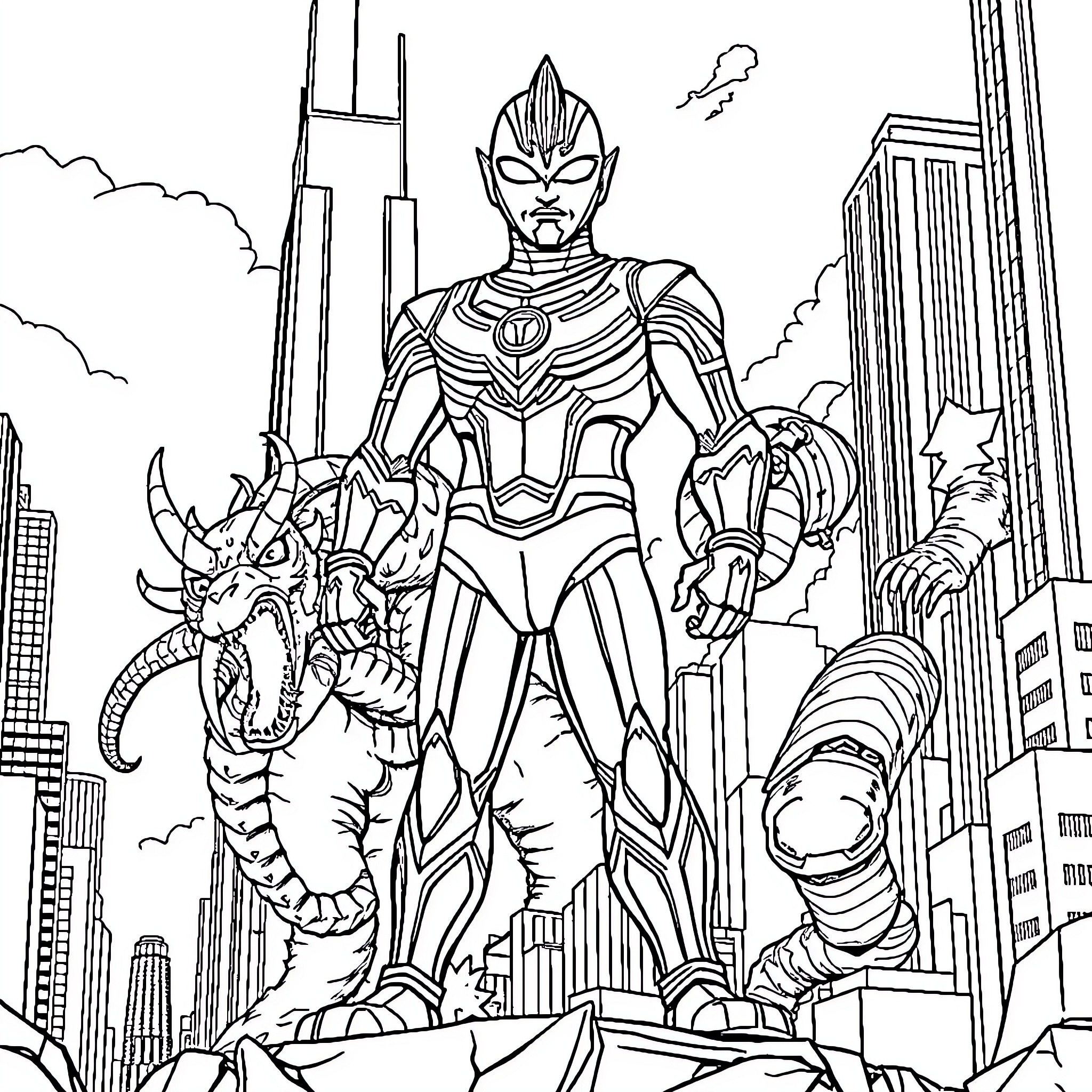 Ultraman battling a fierce dragon in the city Coloring Page (free black-and-white line drawing printable PDF for all, from beginners to advanced learners, including children, teens, adults, and seniors)