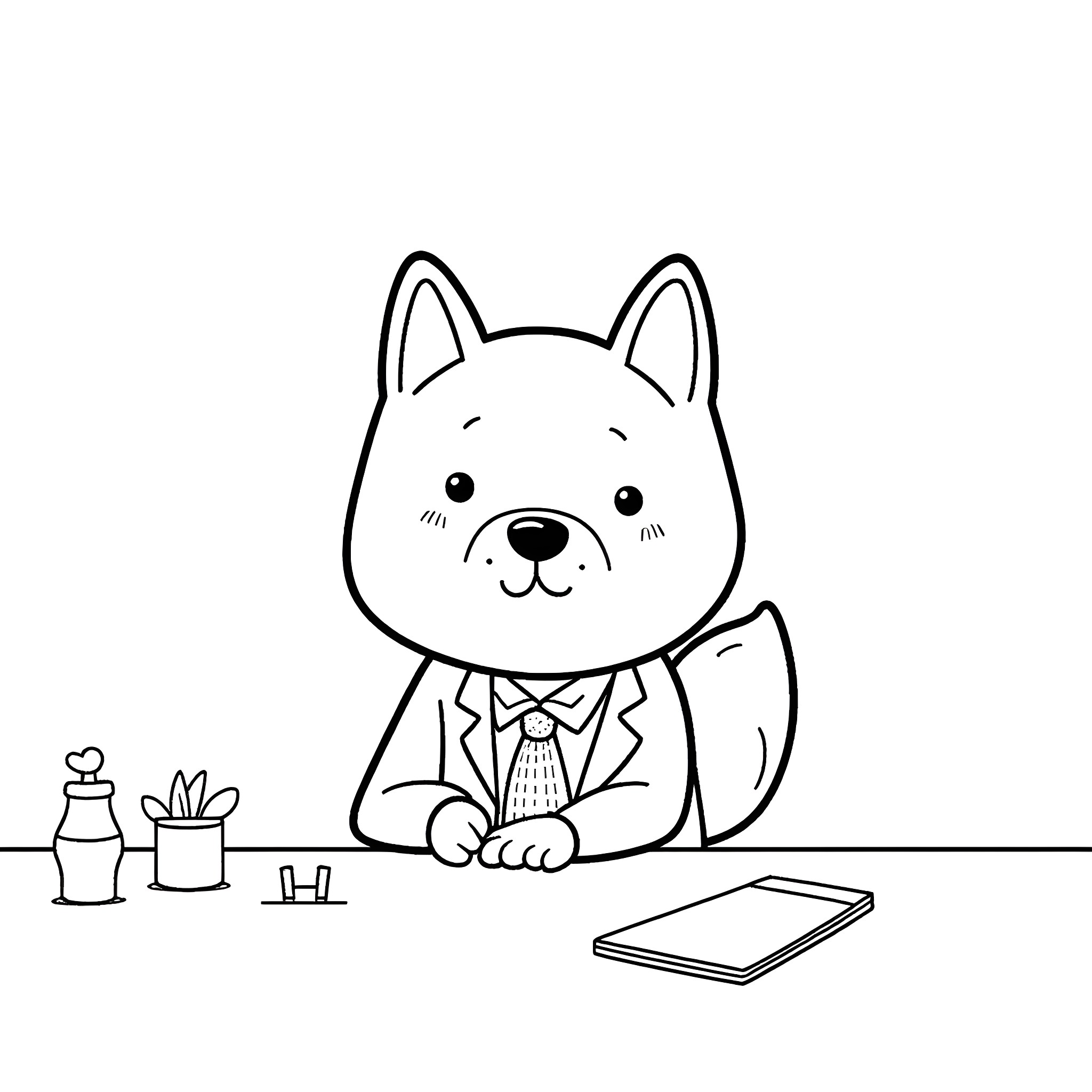 Shiba Inu in formal attire at work desk Coloring Page (free black-and-white line drawing printable PDF for all, from beginners to advanced learners, including children, teens, adults, and seniors)