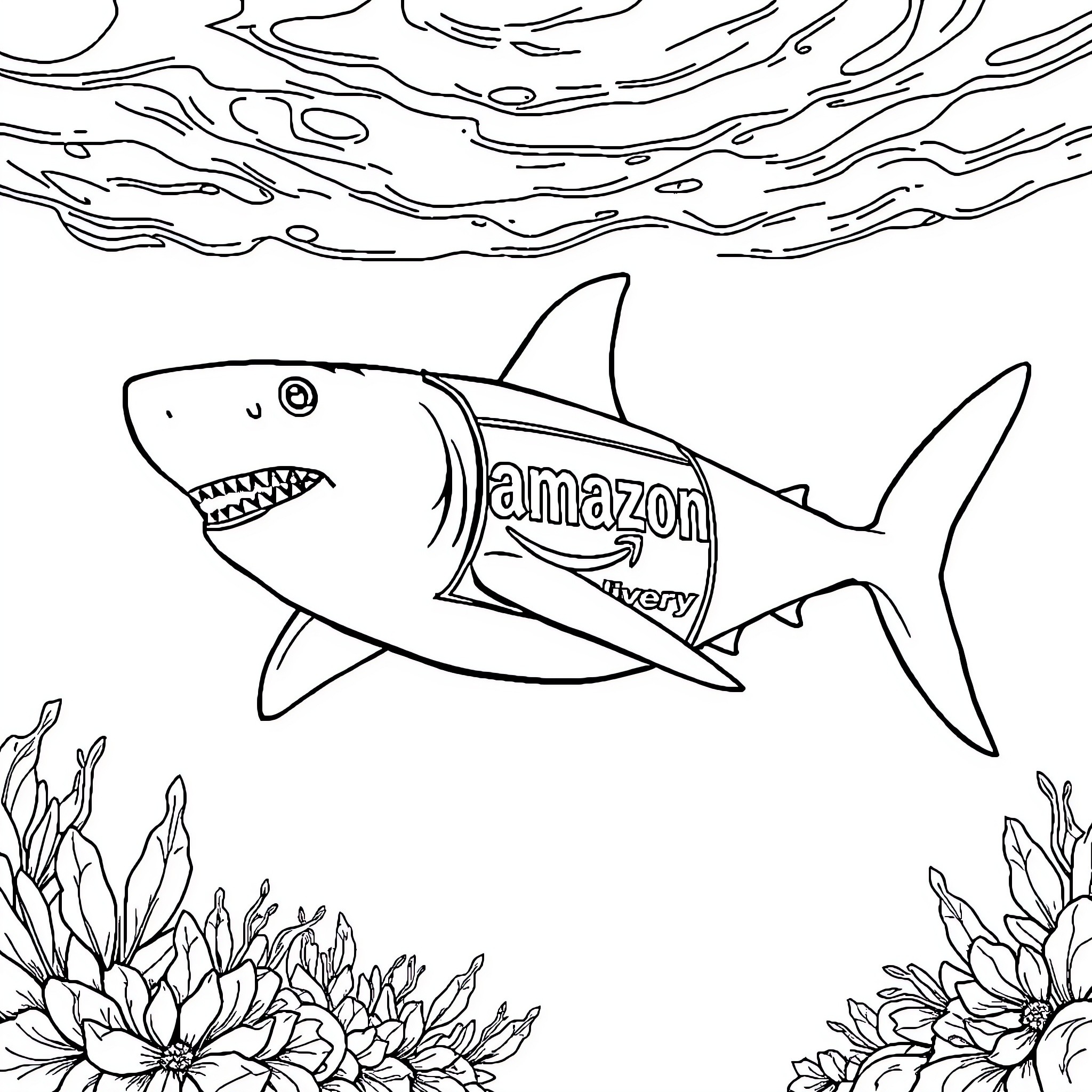 Shark swimming in the ocean with Amazon logo Coloring Page (free black-and-white line drawing printable PDF for all, from beginners to advanced learners, including children, teens, adults, and seniors)