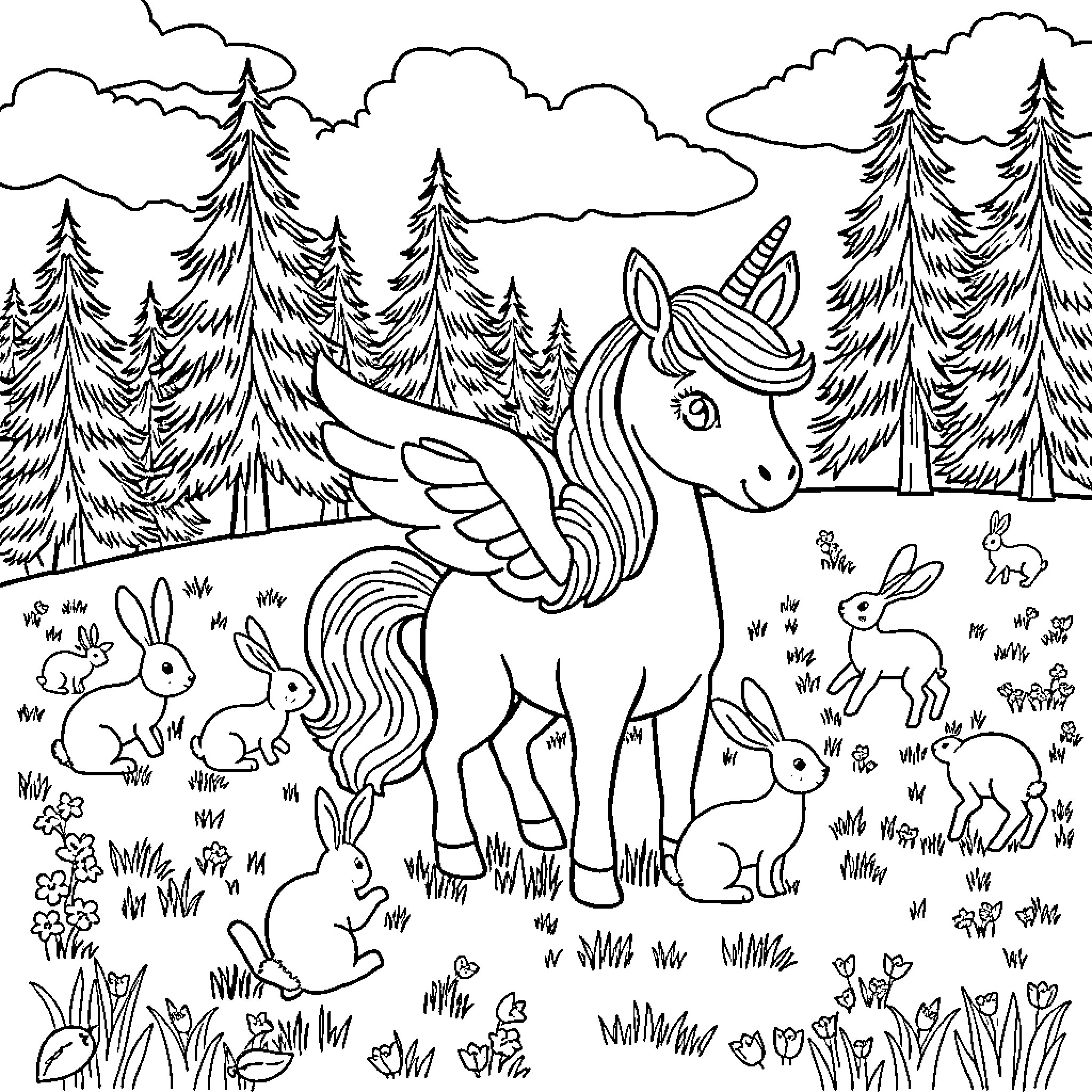 Unicorn exploring the enchanted forest with woodland creatures Coloring Page (free black-and-white line drawing printable PDF for all, from beginners to advanced learners, including children, teens, adults, and seniors)