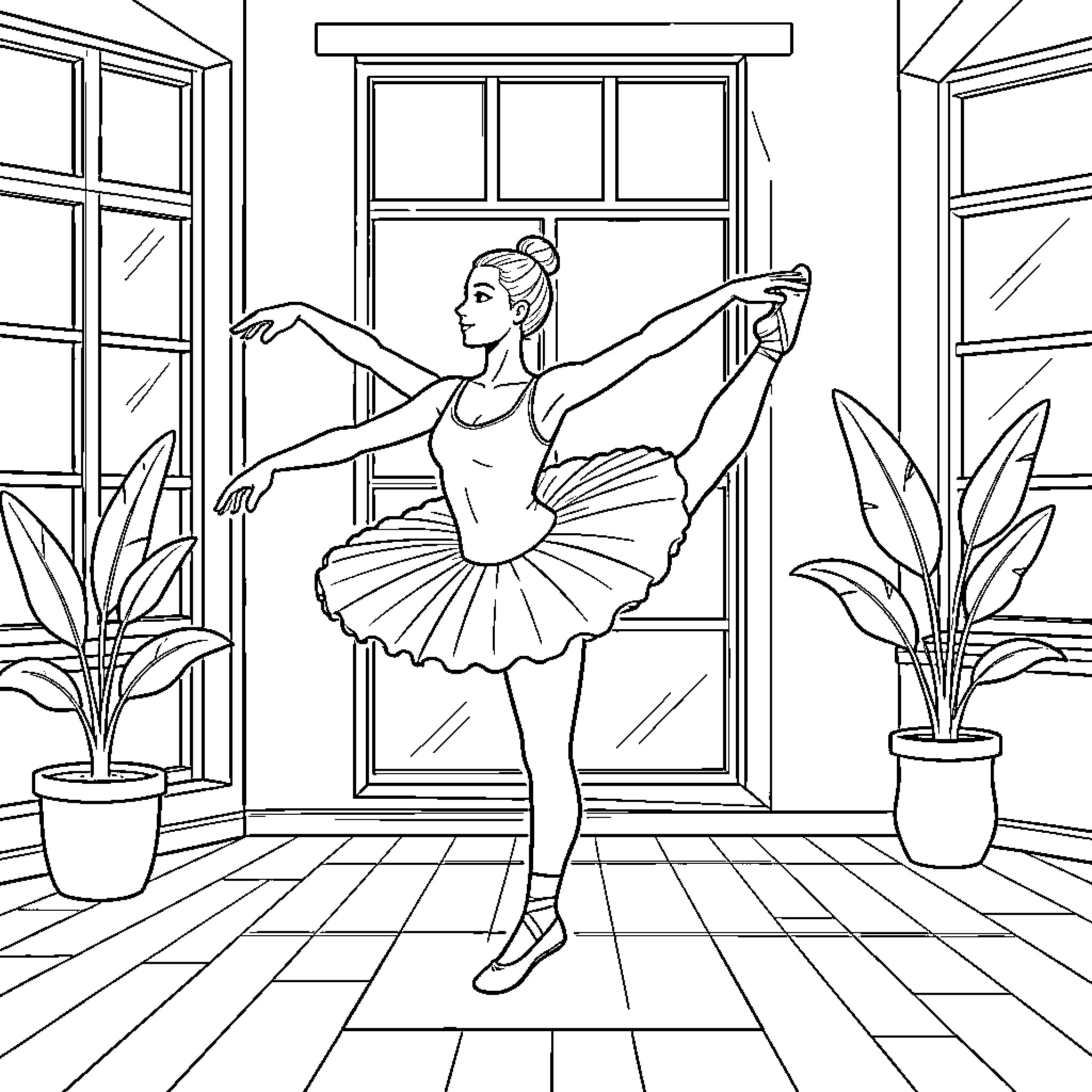Ballerina gracefully dancing in studio Coloring Page (free black-and-white line drawing printable PDF for all, from beginners to advanced learners, including children, teens, adults, and seniors)