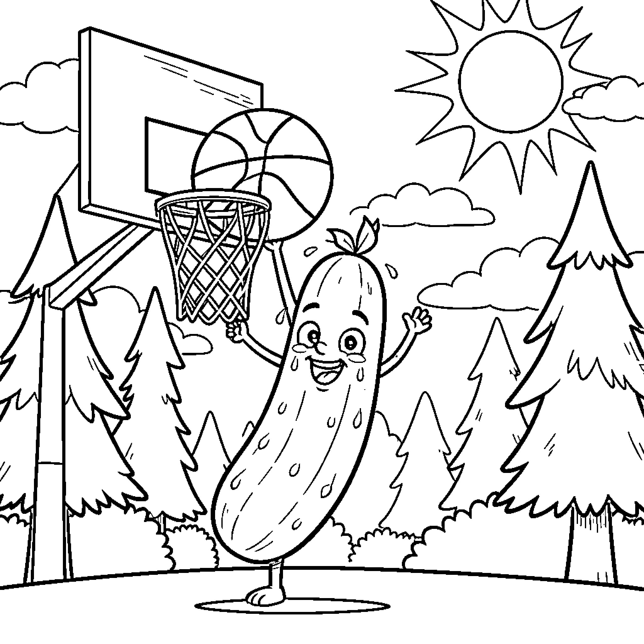 Pickle playing basketball in the forest Coloring Page (free black-and-white line drawing printable PDF for all, from beginners to advanced learners, including children, teens, adults, and seniors)