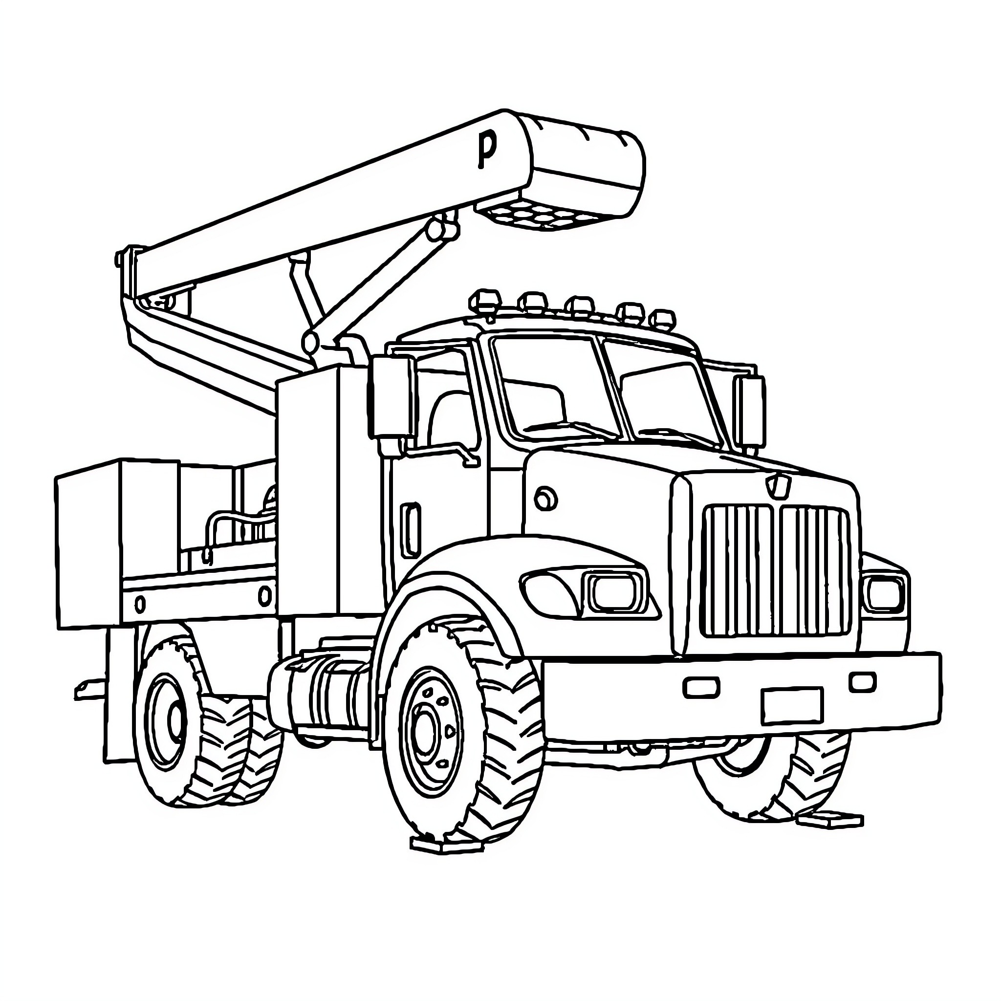 Bucket Truck with Crane and Work Equipment Coloring Page (free black-and-white line drawing printable PDF for all, from beginners to advanced learners, including children, teens, adults, and seniors)