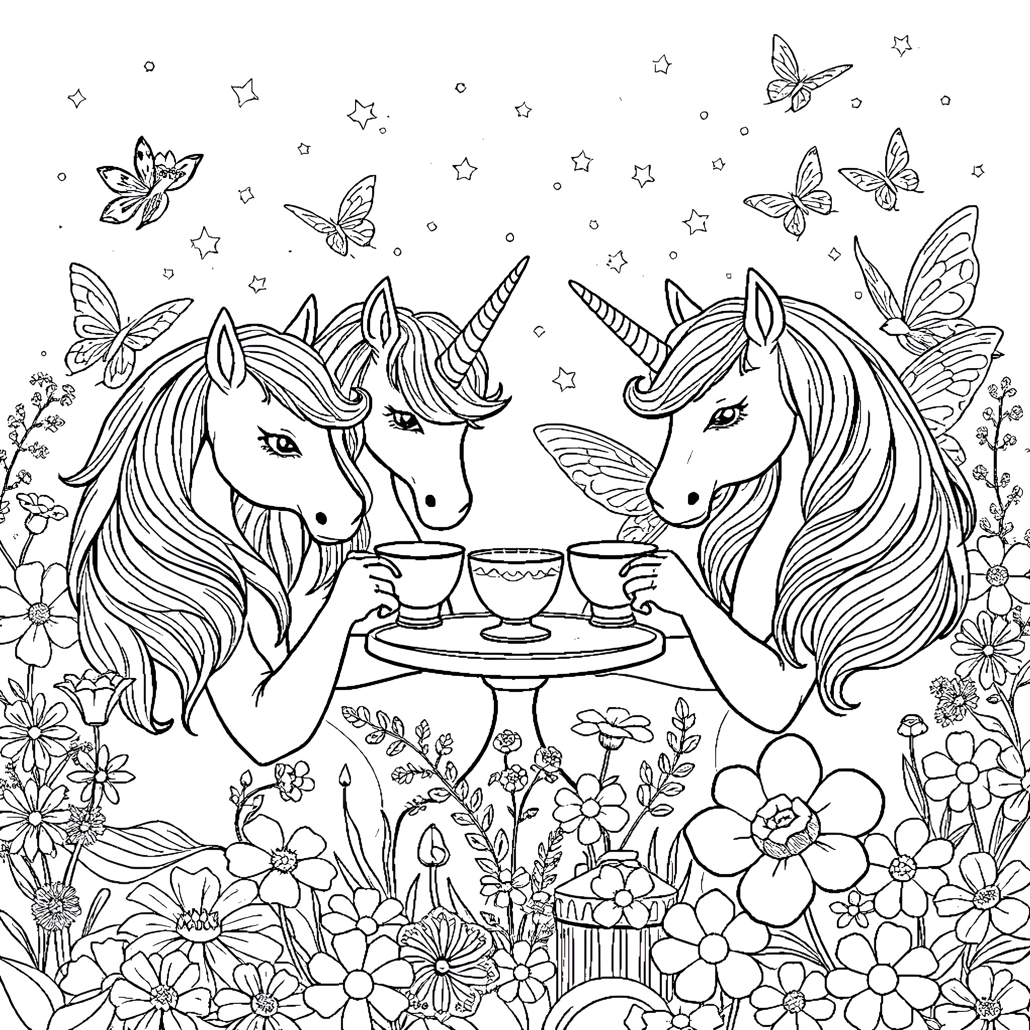 Unicorn Tea Party with Butterflies and Flowers Coloring Page (free black-and-white line drawing printable PDF for all, from beginners to advanced learners, including children, teens, adults, and seniors)