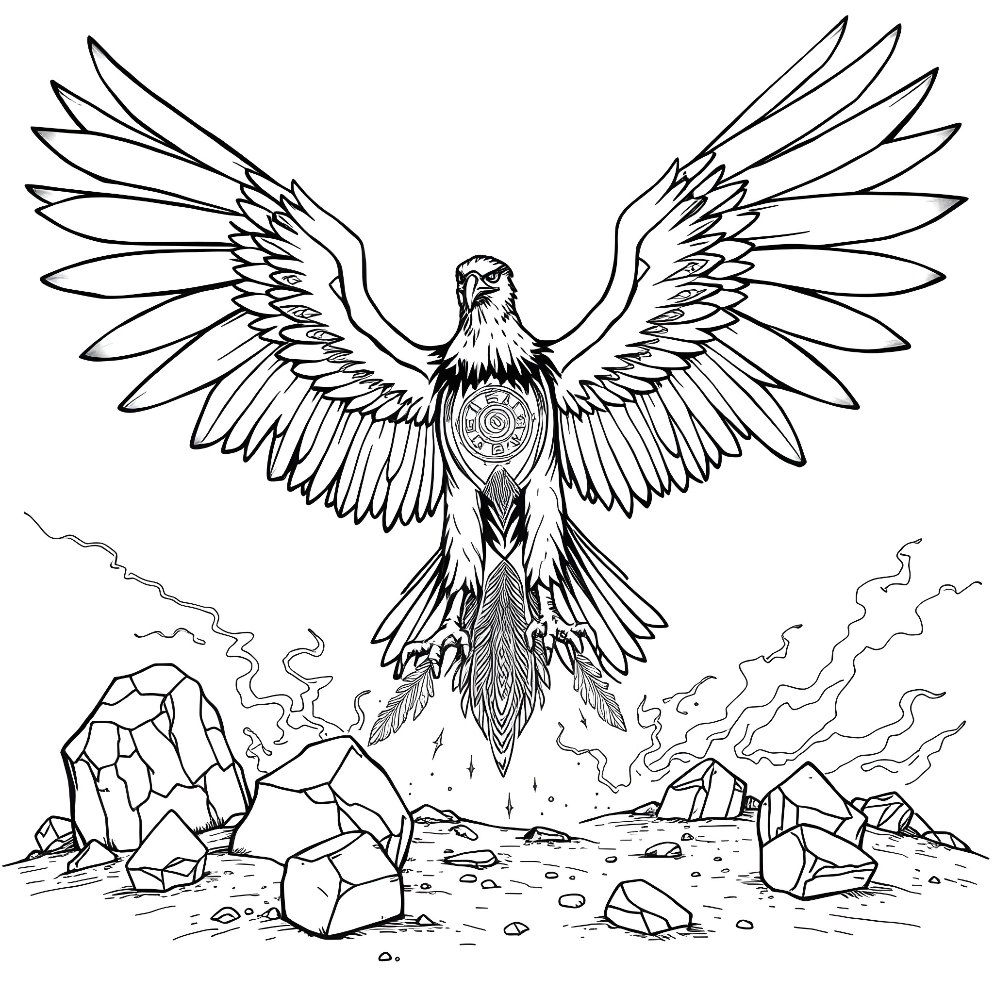 Thunderbird soaring majestically over a rugged landscape Coloring Page (free black-and-white line drawing printable PDF for all, from beginners to advanced learners, including children, teens, adults, and seniors)