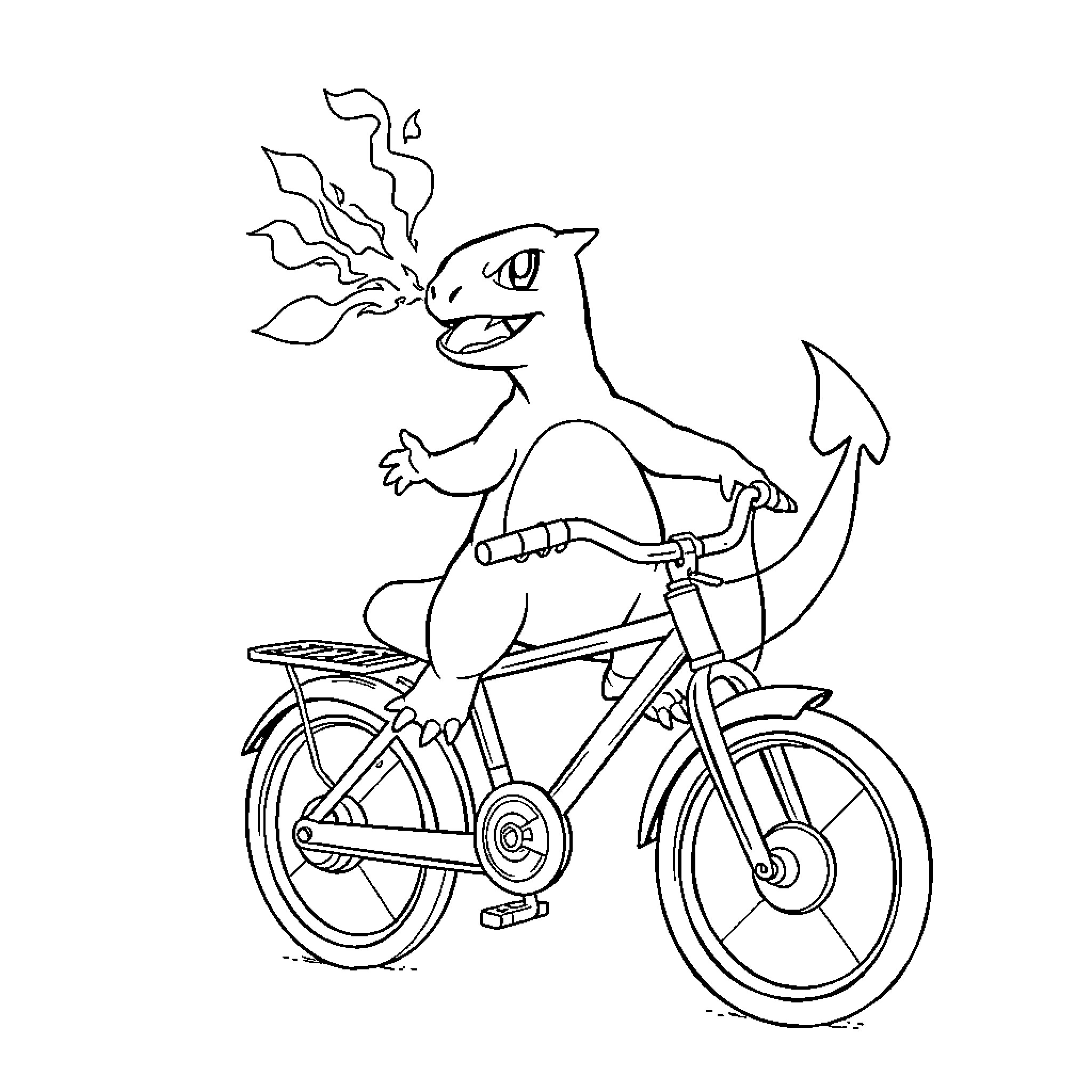 Charmander riding a bicycle confidently Coloring Page (free black-and-white line drawing printable PDF for all, from beginners to advanced learners, including children, teens, adults, and seniors)