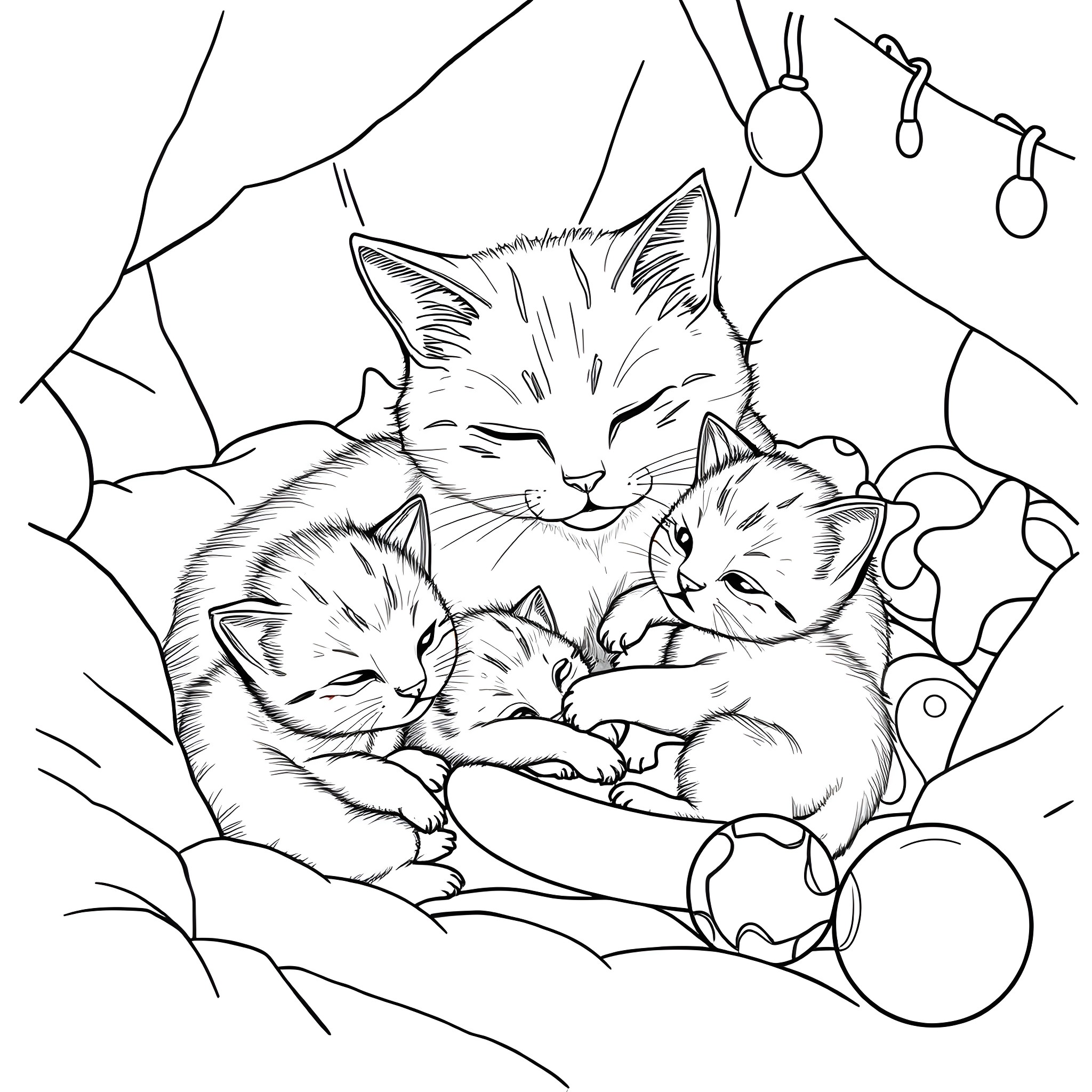 Cat family sleeping peacefully on a cozy bed Coloring Page (free black-and-white line drawing printable PDF for all, from beginners to advanced learners, including children, teens, adults, and seniors)