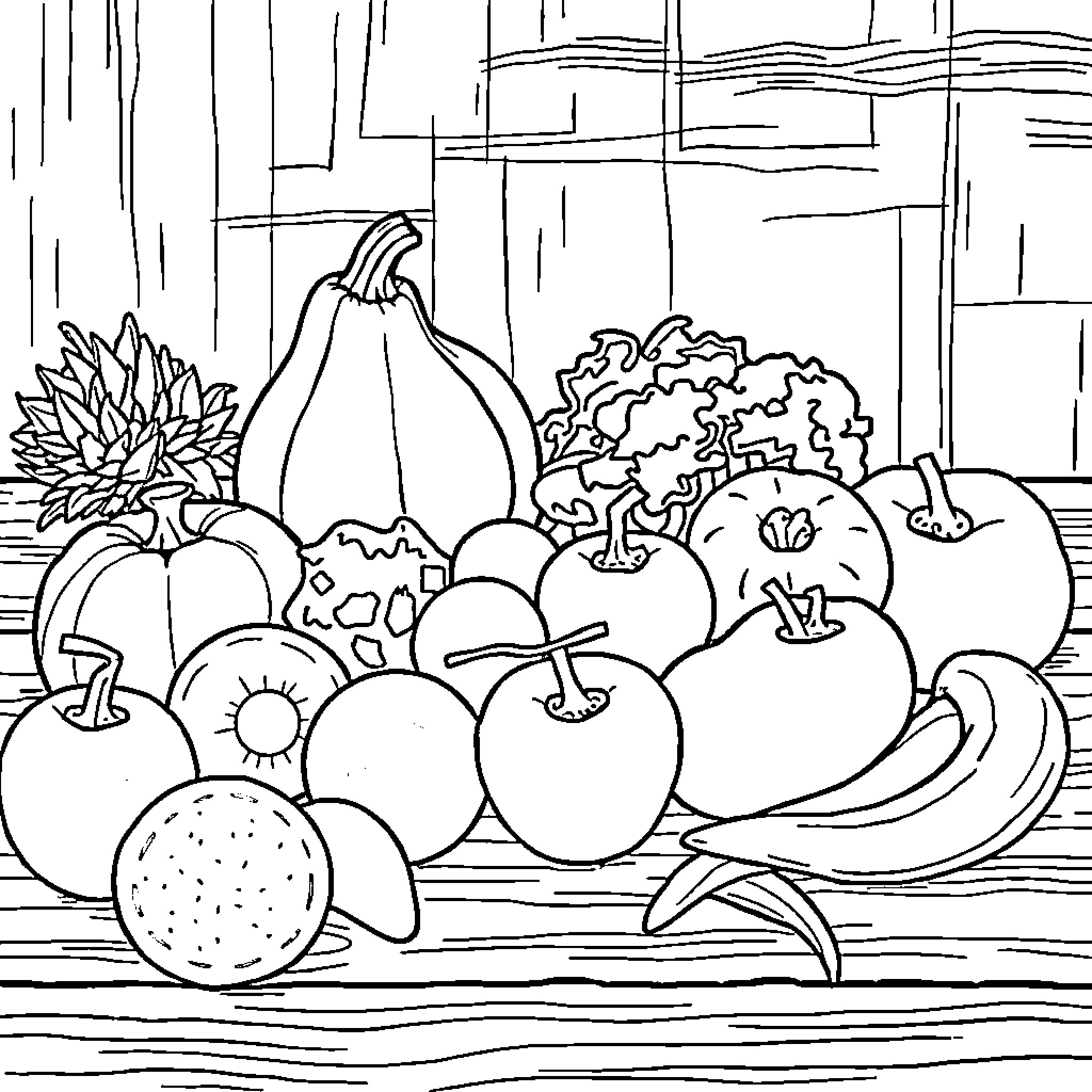 Fruit and Vegetable Harvest Still Life Coloring Page (free black-and-white line drawing printable PDF for all, from beginners to advanced learners, including children, teens, adults, and seniors)