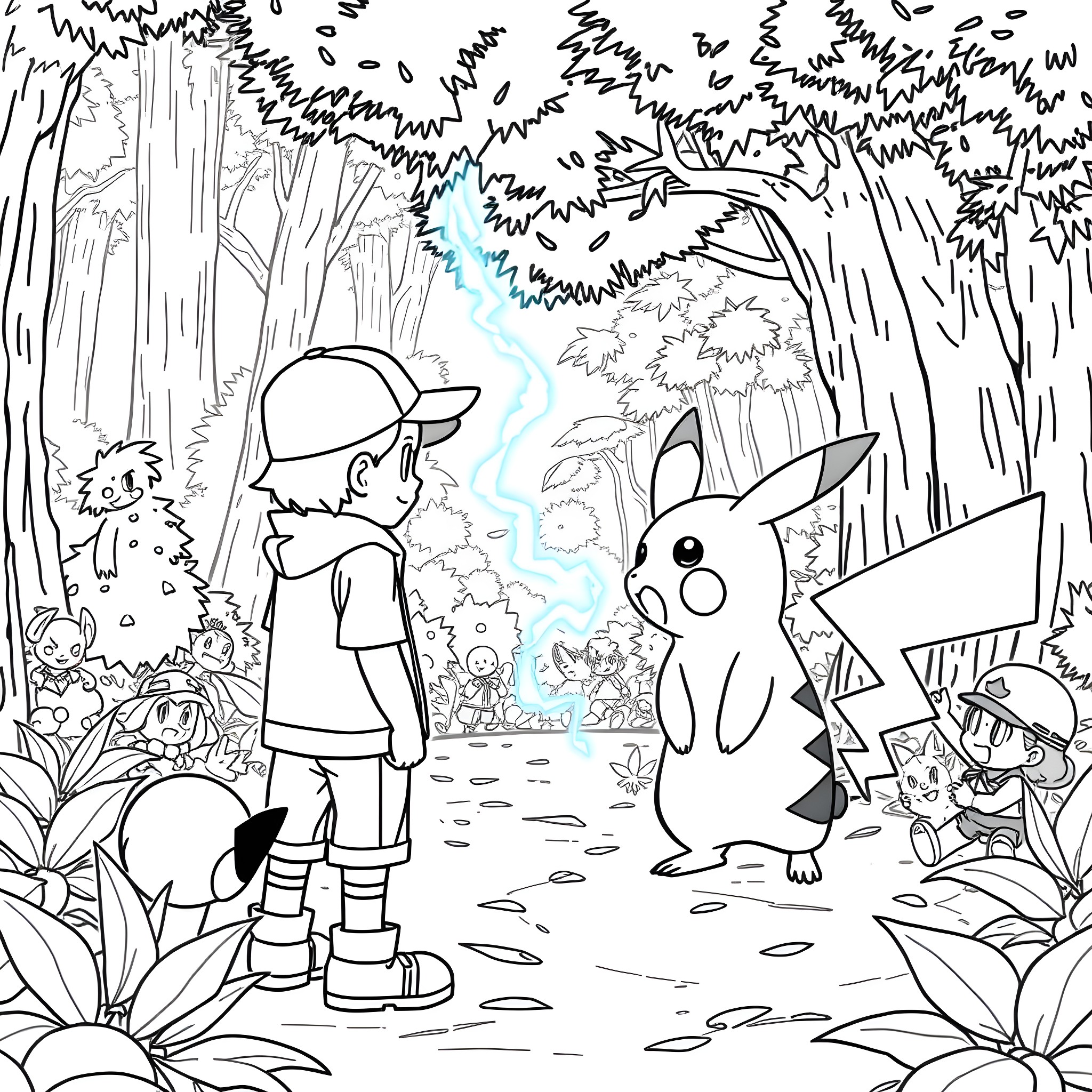 Ash Ketchum's Pokemon Adventure in the Forest Coloring Page (free black-and-white line drawing printable PDF for all, from beginners to advanced learners, including children, teens, adults, and seniors)