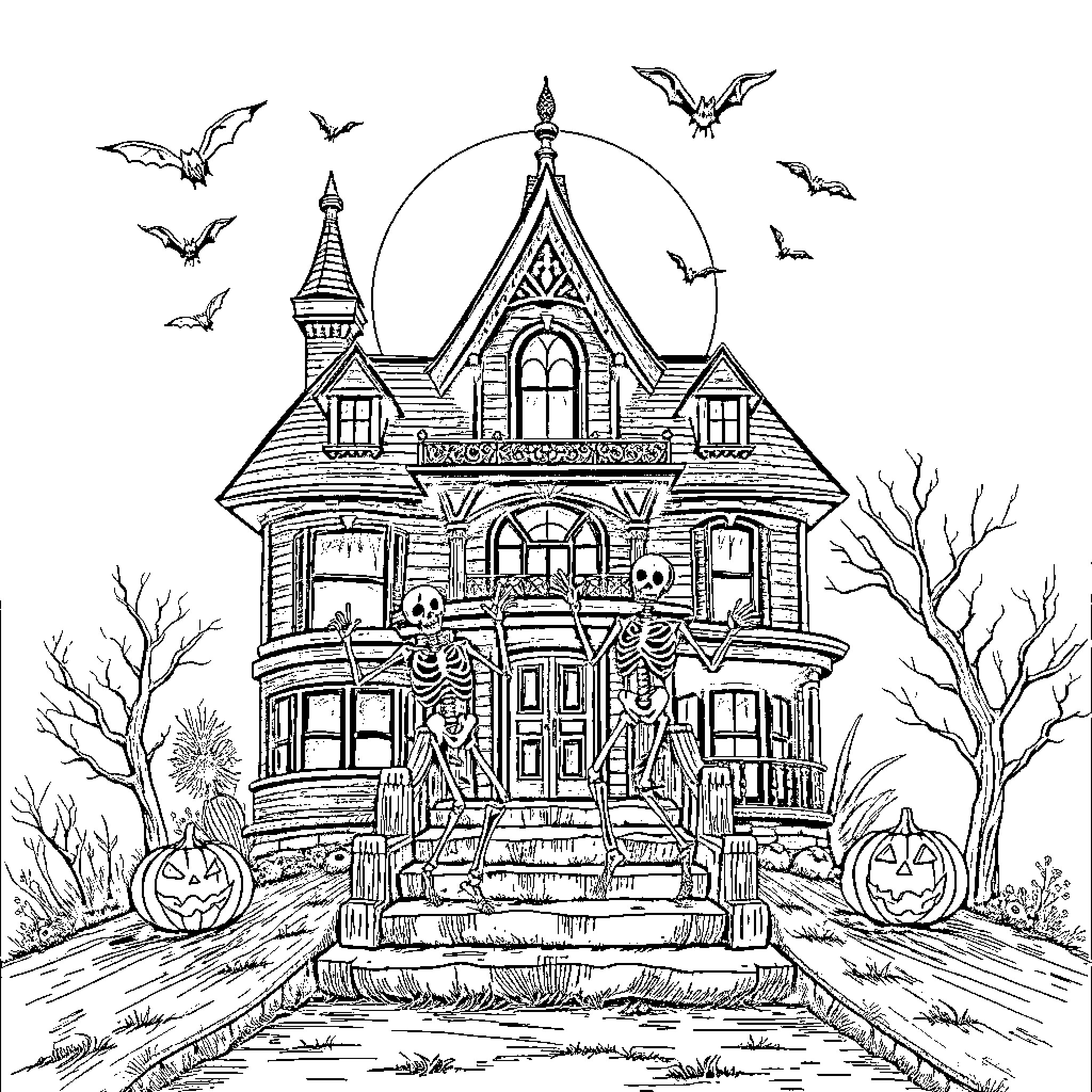 House with Halloween characters and decor Coloring Page (free black-and-white line drawing printable PDF for all, from beginners to advanced learners, including children, teens, adults, and seniors)