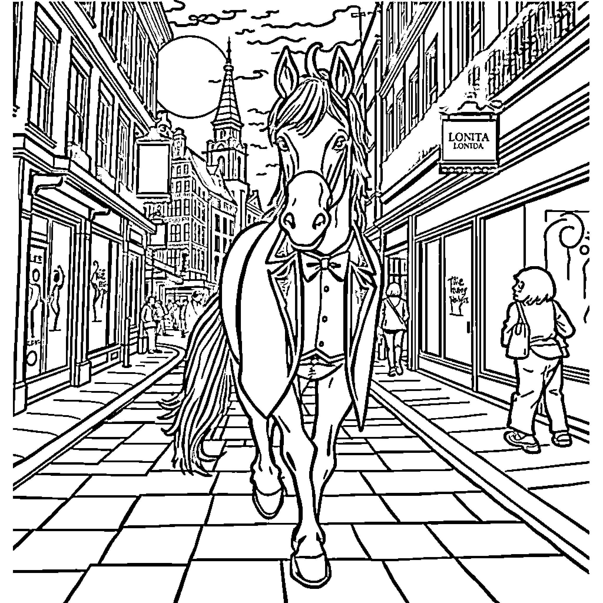 Caballero strolling through a bustling urban cityscape Coloring Page (free black-and-white line drawing printable PDF for all, from beginners to advanced learners, including children, teens, adults, and seniors)