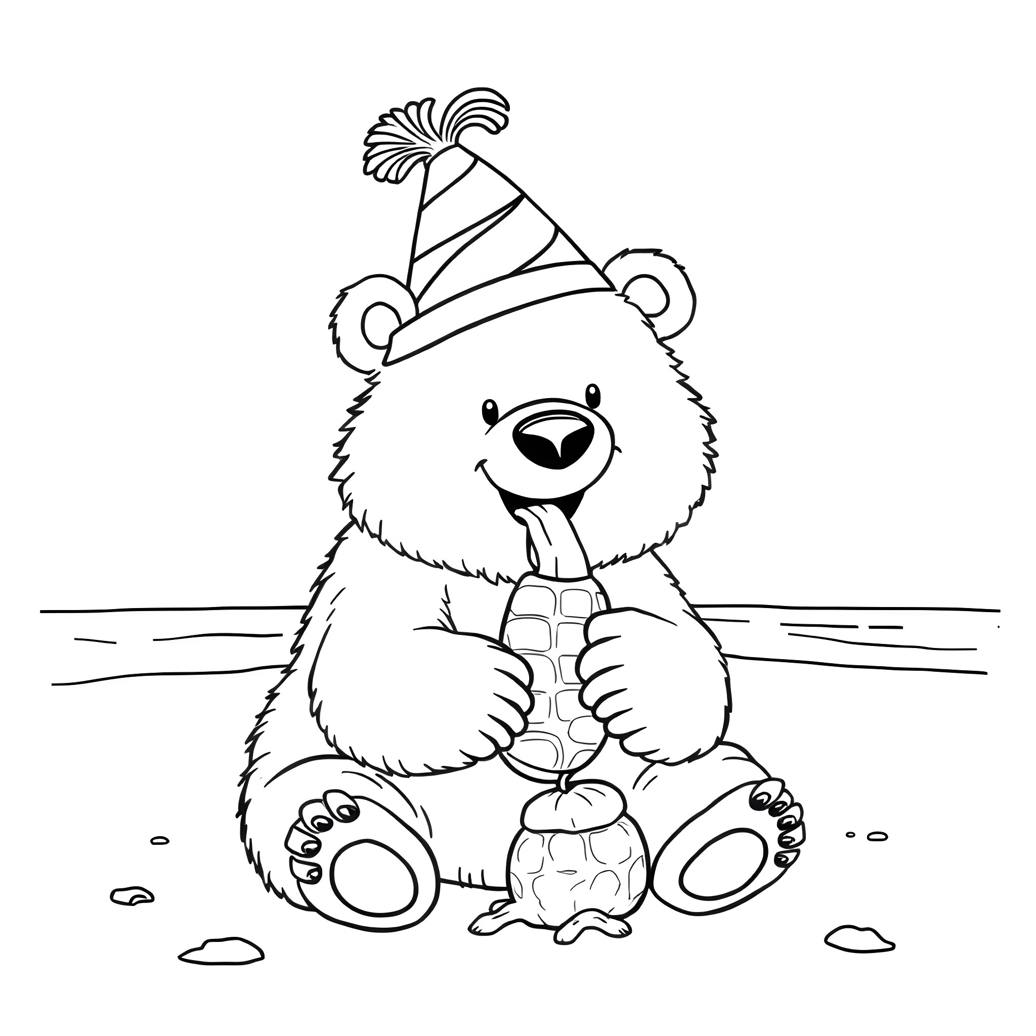 Bear enjoying a party with a festive hat Coloring Page (free black-and-white line drawing printable PDF for all, from beginners to advanced learners, including children, teens, adults, and seniors)