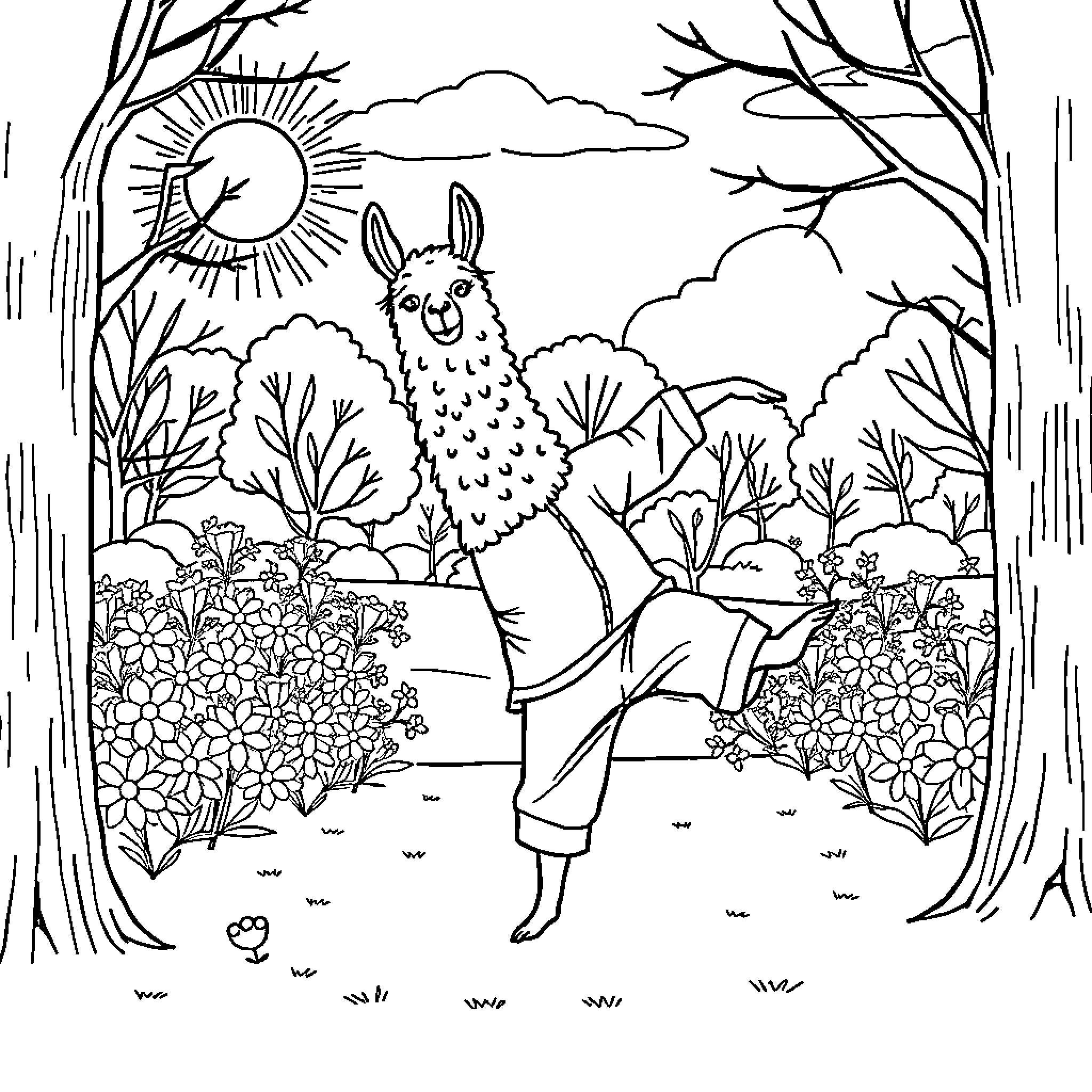 Llama enjoying a sunny day in the garden Coloring Page (free black-and-white line drawing printable PDF for all, from beginners to advanced learners, including children, teens, adults, and seniors)