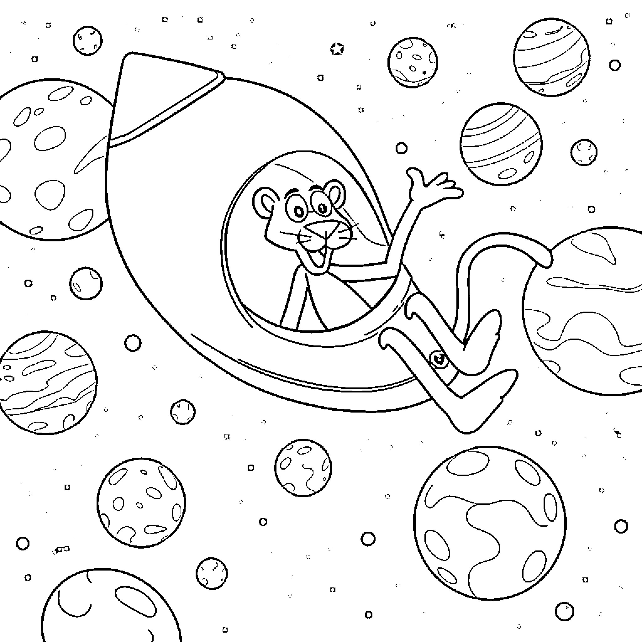 Pink Panther joyfully exploring the cosmos Coloring Page (free black-and-white line drawing printable PDF for all, from beginners to advanced learners, including children, teens, adults, and seniors)