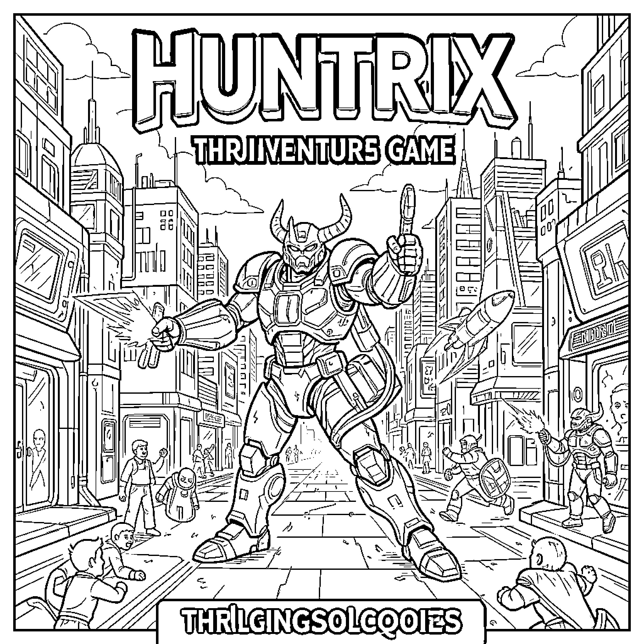Huntrix robotic warrior standing in a futuristic city street Coloring Page (free black-and-white line drawing printable PDF for all, from beginners to advanced learners, including children, teens, adults, and seniors)