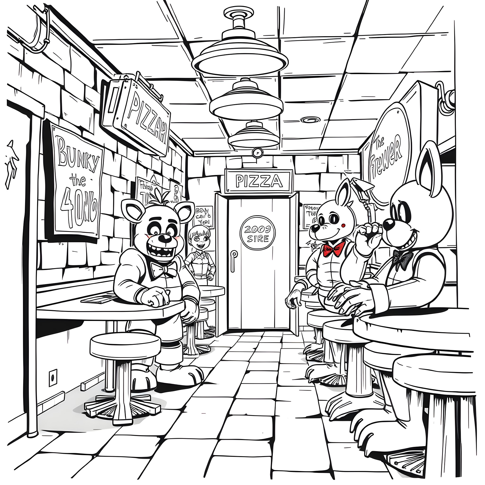 Five Nights At Freddy's: Animatronics in a Pizzeria Coloring Page (free black-and-white line drawing printable PDF for all, from beginners to advanced learners, including children, teens, adults, and seniors)