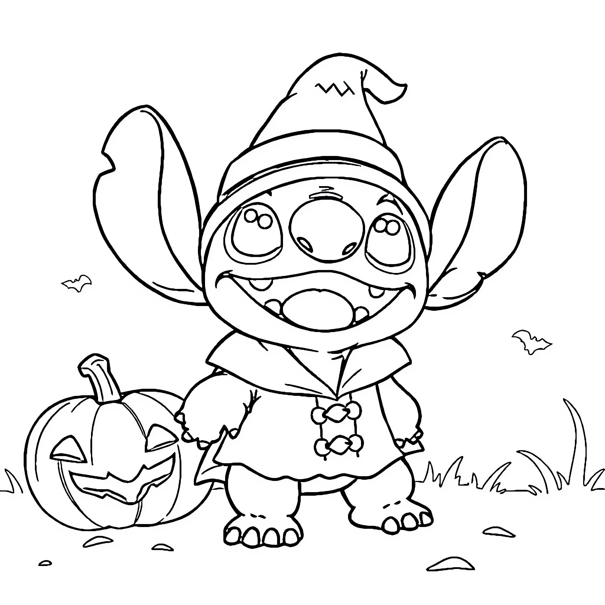 Stitch dressed up for Halloween with pumpkin Coloring Page (free black-and-white line drawing printable PDF for all, from beginners to advanced learners, including children, teens, adults, and seniors)