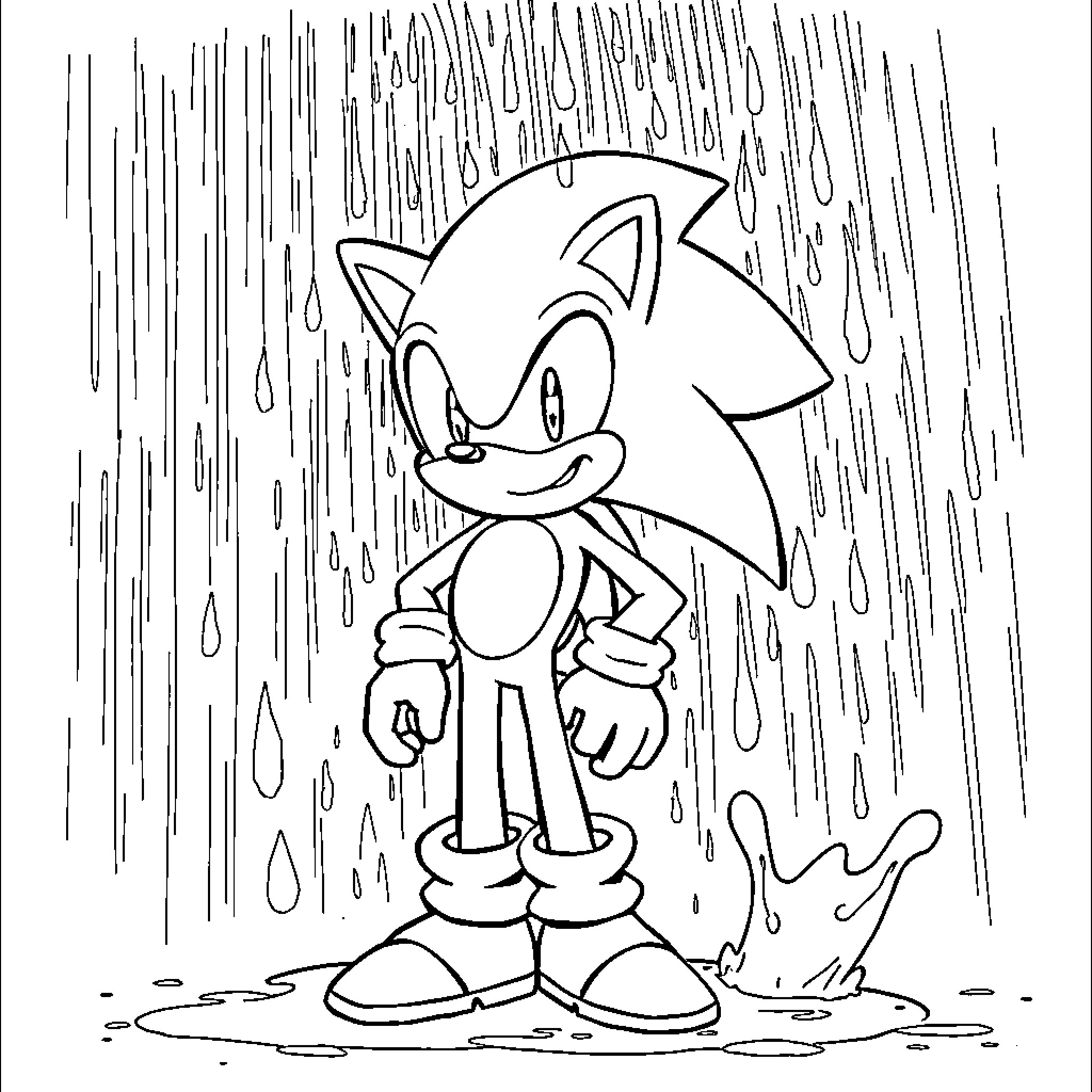 Sonic running through the rainstorm Coloring Page (free black-and-white line drawing printable PDF for all, from beginners to advanced learners, including children, teens, adults, and seniors)