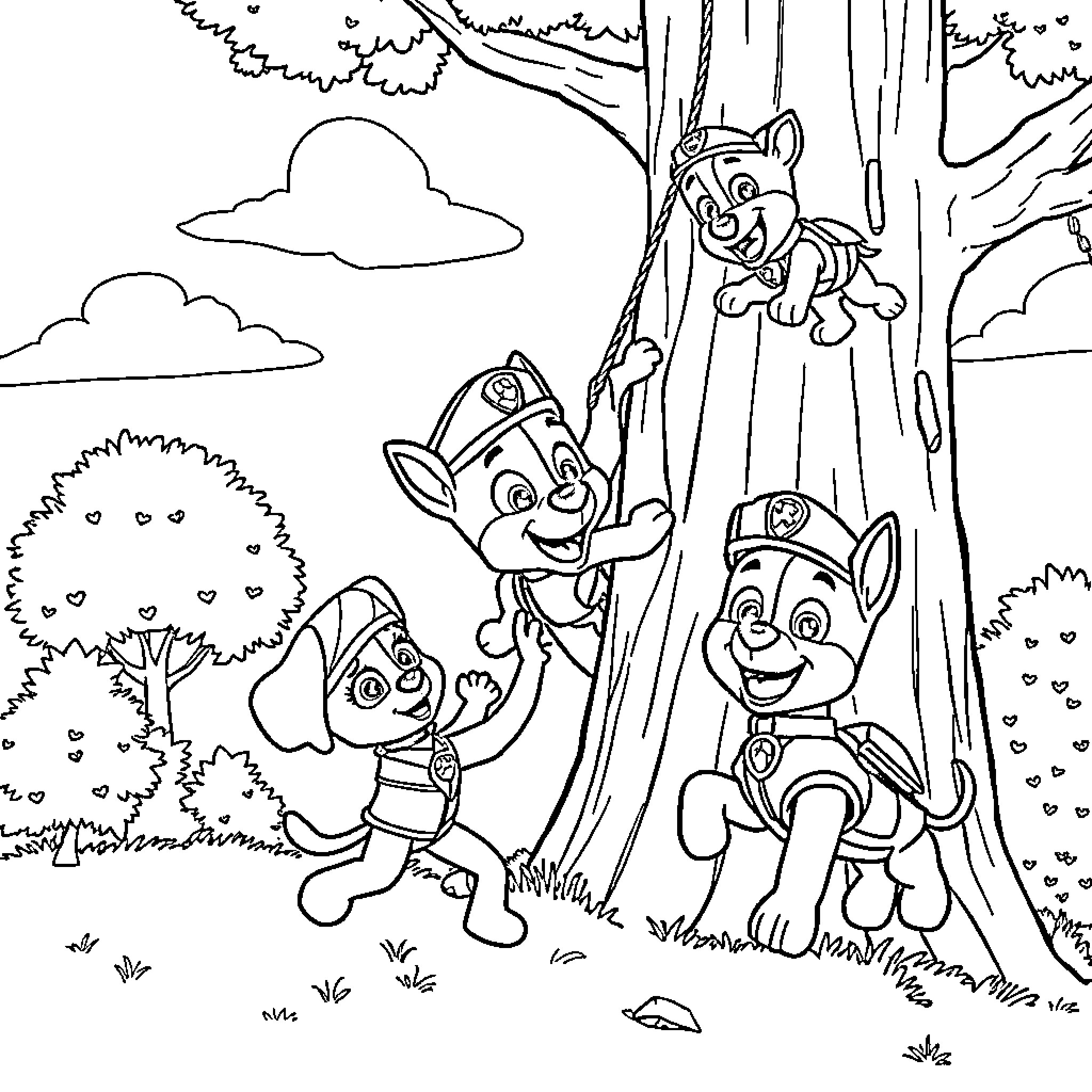 Paw Patrol Characters Exploring the Outdoors Coloring Page (free black-and-white line drawing printable PDF for all, from beginners to advanced learners, including children, teens, adults, and seniors)