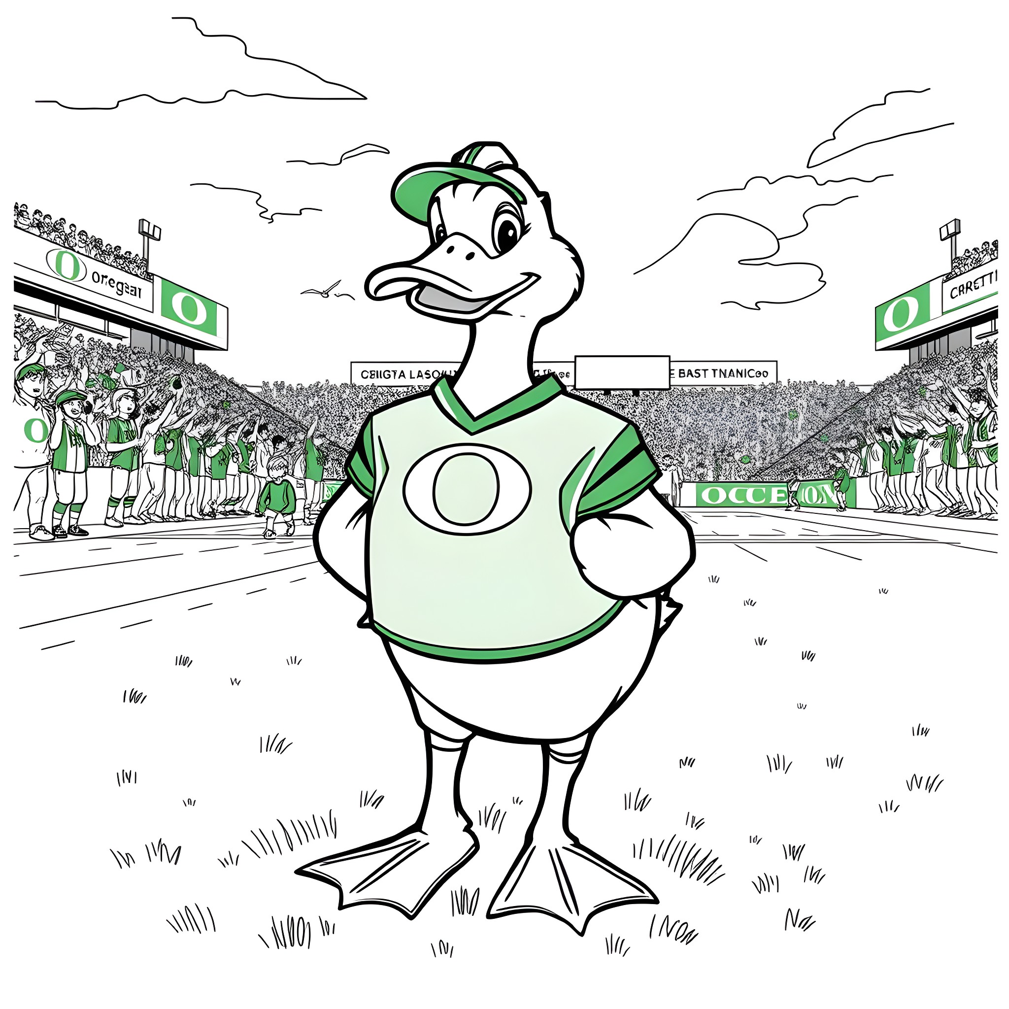 Duck cheering at the stadium Coloring Page (free black-and-white line drawing printable PDF for all, from beginners to advanced learners, including children, teens, adults, and seniors)