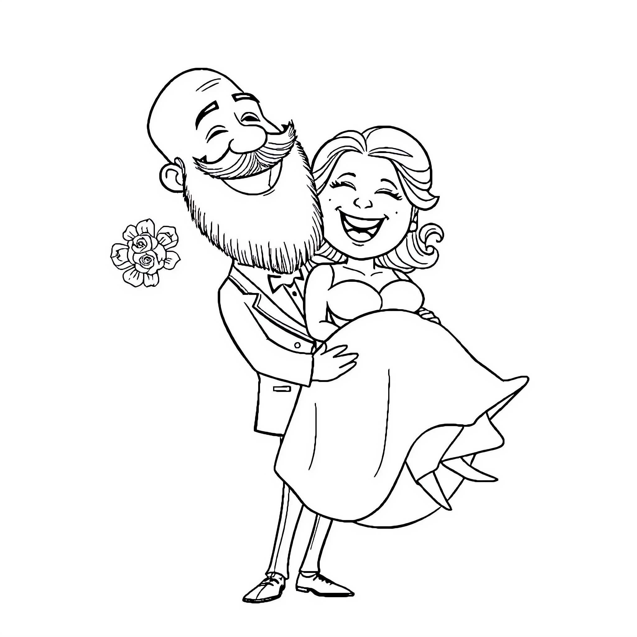 Wedding Couple Embracing Joyfully Coloring Page (free black-and-white line drawing printable PDF for all, from beginners to advanced learners, including children, teens, adults, and seniors)