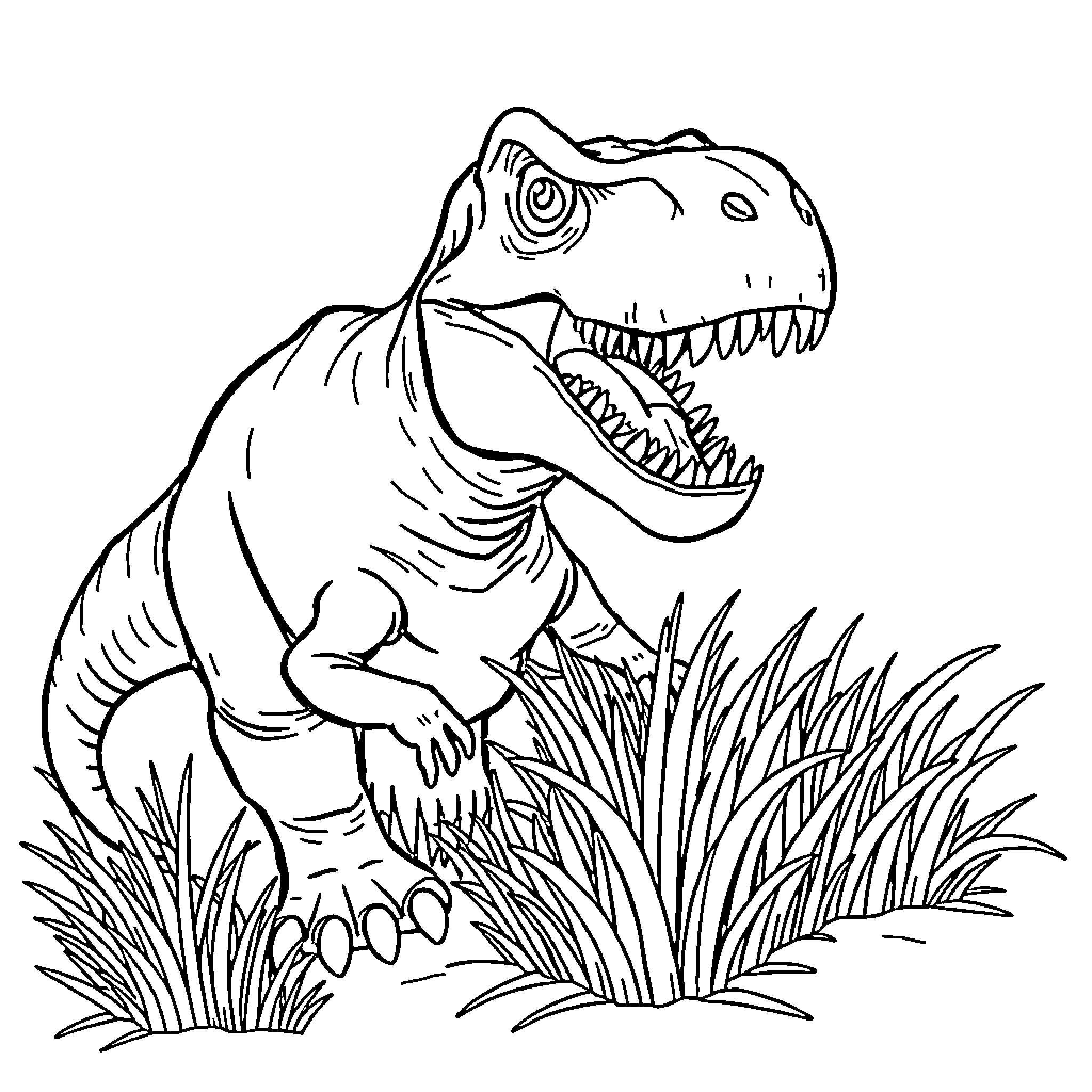 Dinosaur roaring fiercely in the tall grass Coloring Page (free black-and-white line drawing printable PDF for all, from beginners to advanced learners, including children, teens, adults, and seniors)